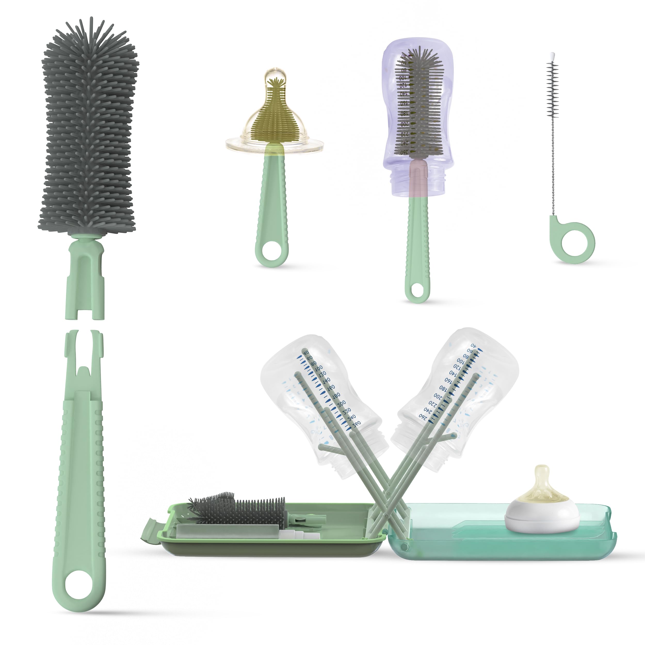 Kit de limpieza de biberones de viaje, versátil kit de limpieza de biberones portátil para padres, sin BPA y portátil, esencial de viaje para bebé, estante de secado de biberones para viajes y uso