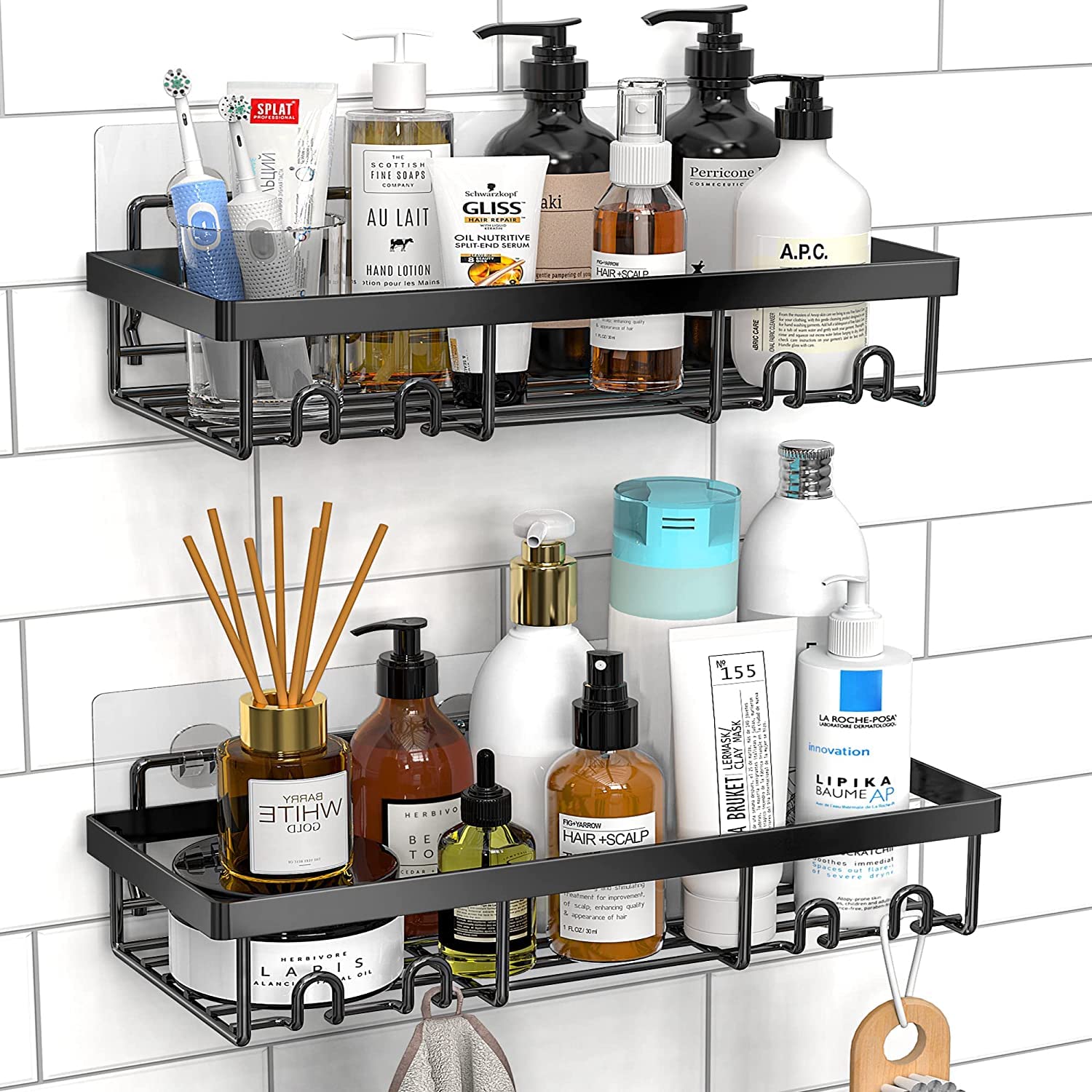 Shower Caddy Shelf Organizer Rack(2Pack), Adhesive Black Bathroom Accessories Basket Shelves with Hooks, No Drilling Wall Mount Shower Storage Accessories, Rustproof Stainless Steel