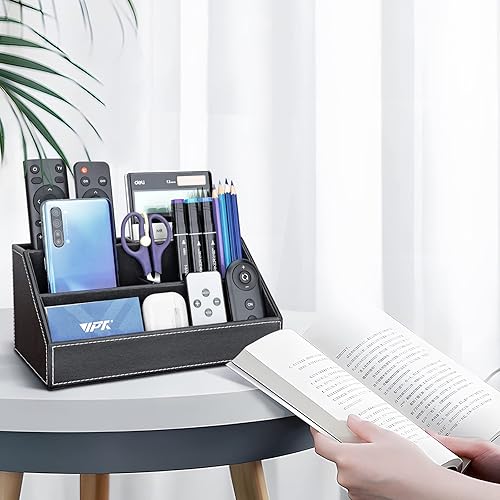 Miniatura 7 de KINGFOM Organizador de escritorio de piel sintética con soporte de 5 compartimentos, organizador multifuncional de almacenamiento de suministros de