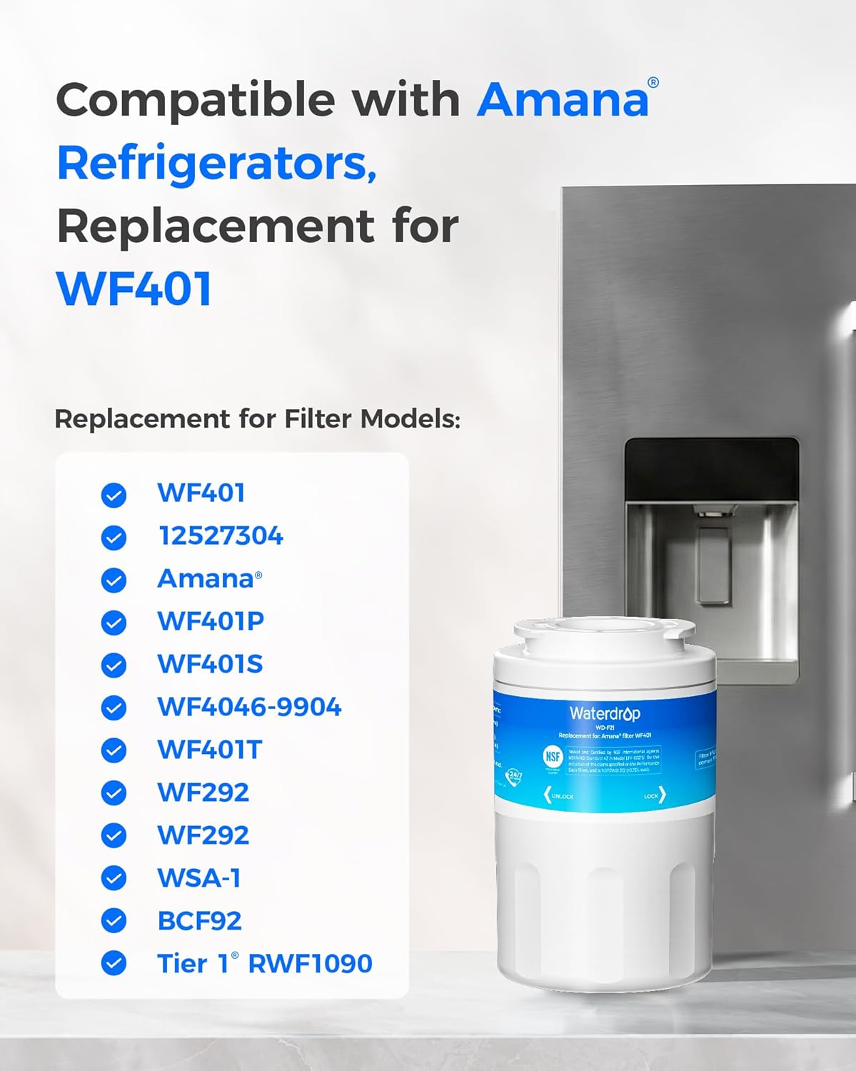 Waterdrop WF401 Replacement for Amana® Clean N Clear WF401, WF401S, WF401P, WSA-1, WF292, 12527304, Kenmore 46-9014, 469014 Refrigerator Water Filter