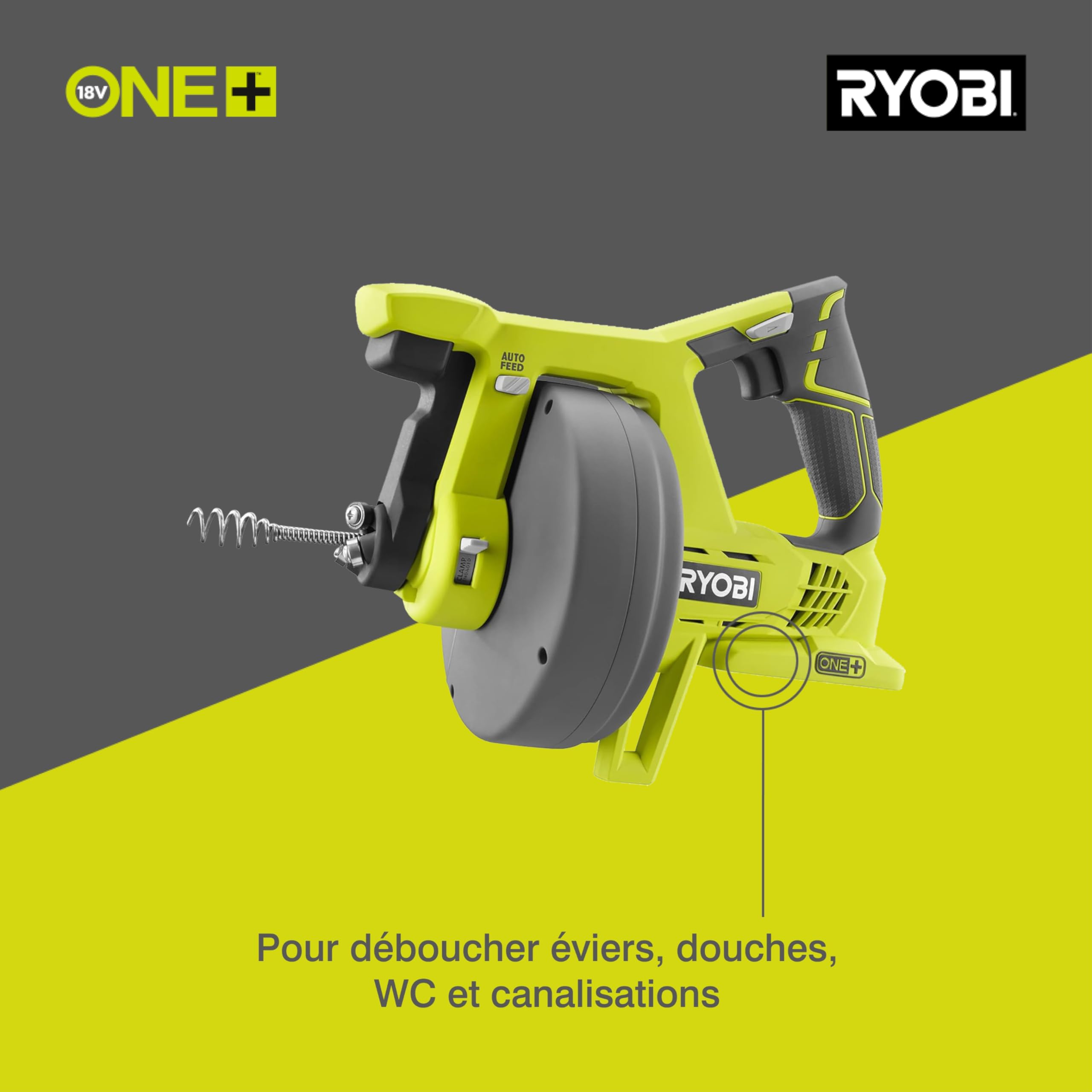RYOBI - Déboucheur 18V ONE+ - Vitesse Max 600 tr/min, pour 11,5cm/sec - Câble 7,6m, Tête 16mm, Gâchette avec Interrupteur Bloquant et Inverseur de Rotation - Batterie et Chargeur non Inclus - R18DA-0
