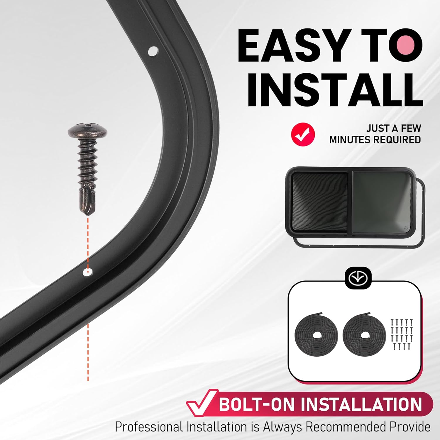 Wutist 42" W X 22" H RV Window W/ Trim for 1.5" Wall and Net Screen Horizontal Sliding Teardrop Window 1PC Black Powder Coated Tempered Glass