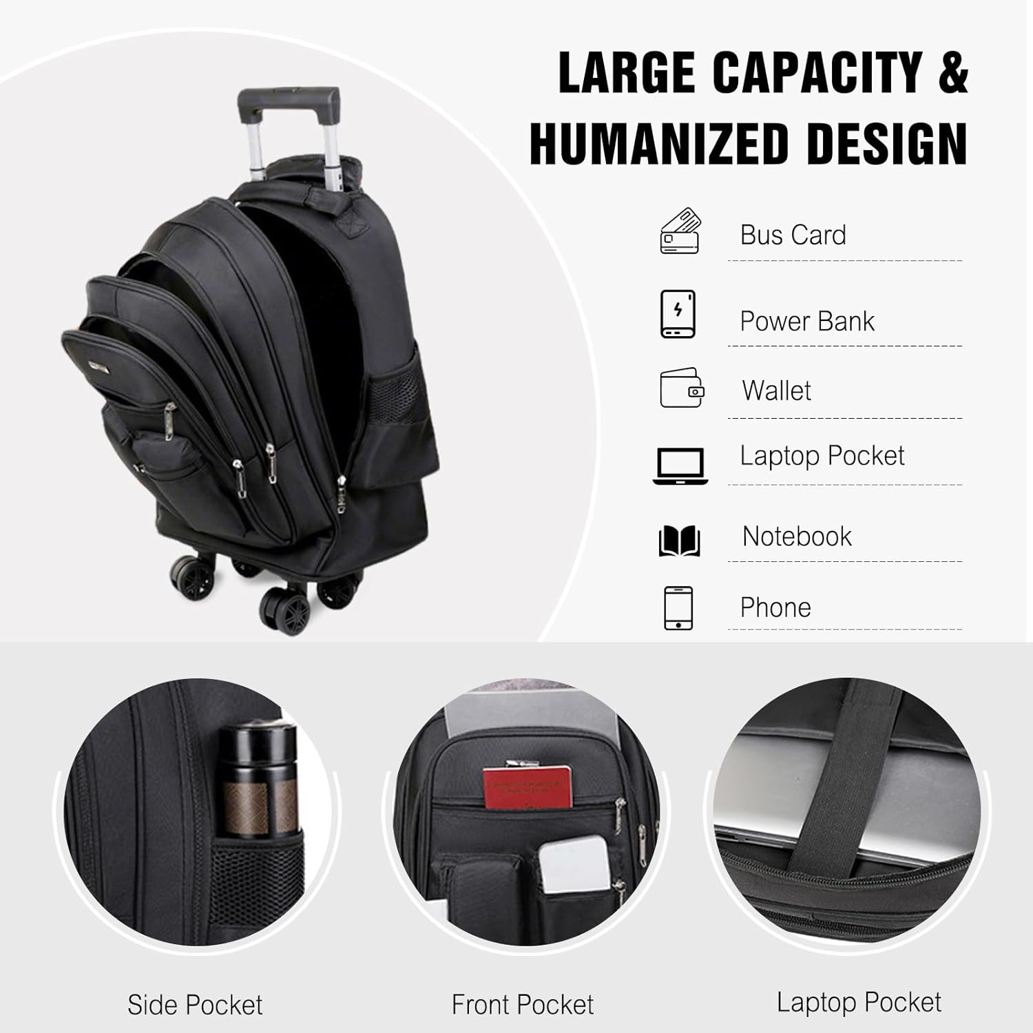 FANDARE Rolling Backpack for Men Men's Wheeled Business Backpack with Silent Wheels Convertible Laptop Carry-On Luggage Mobile Office Case Trolley Handle Daypacks for Business Travel Commute Blue