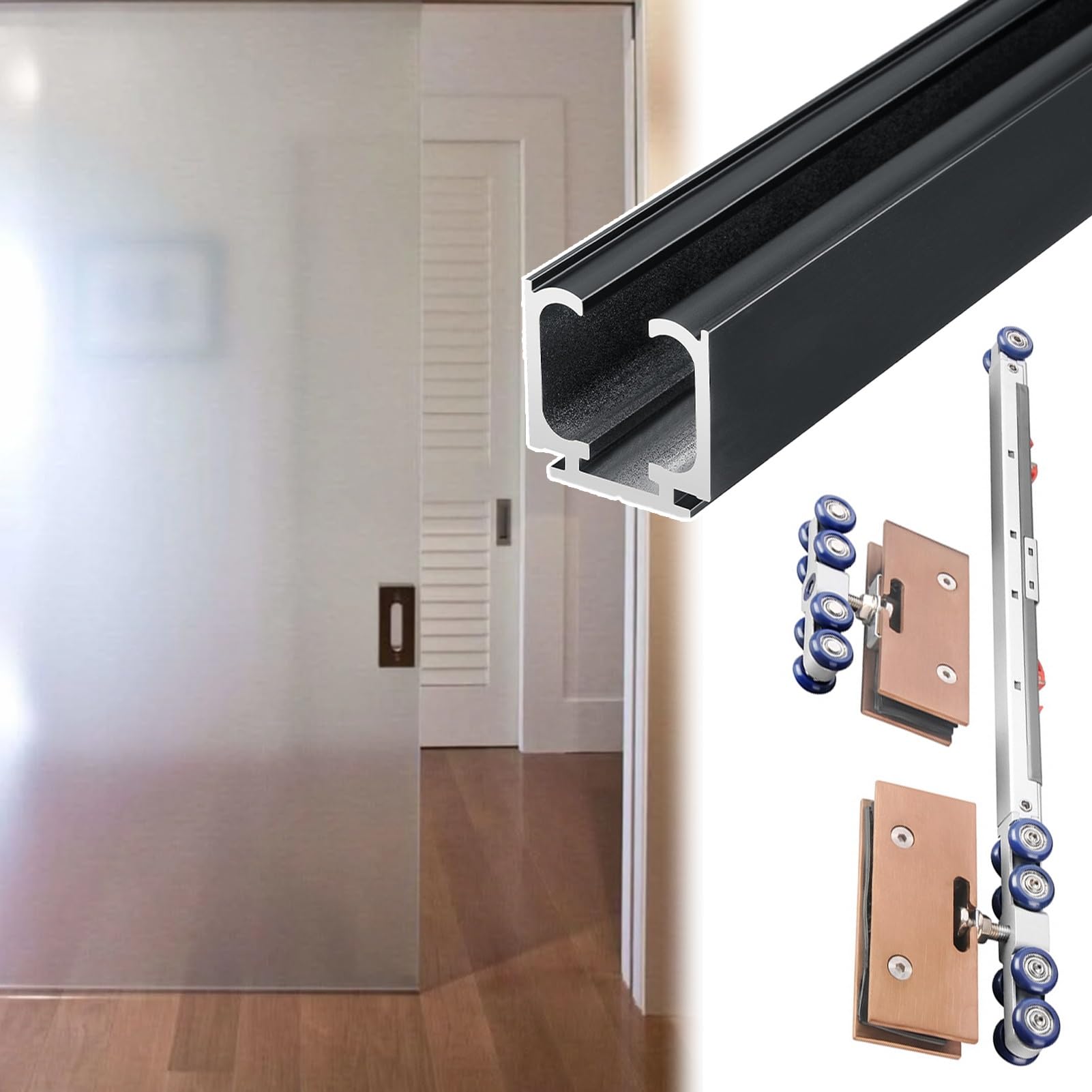 Kit Porte Coulissante en Verre 390cm et Roulettes Fermeture Douce Noires