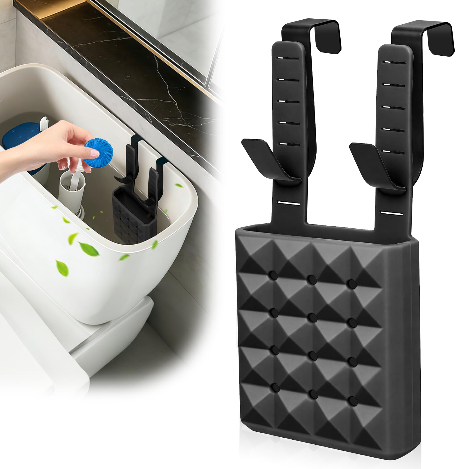Hydream WC-Tab-Halter aus Silikon für Spülkasten, Höhenverstellbarer Toilettenstein Halterung mit Robuste Haken, Wiederverwendbarer WC-Reiniger Organizer Passend für Wasserstände bis 18 cm(Schwarz)