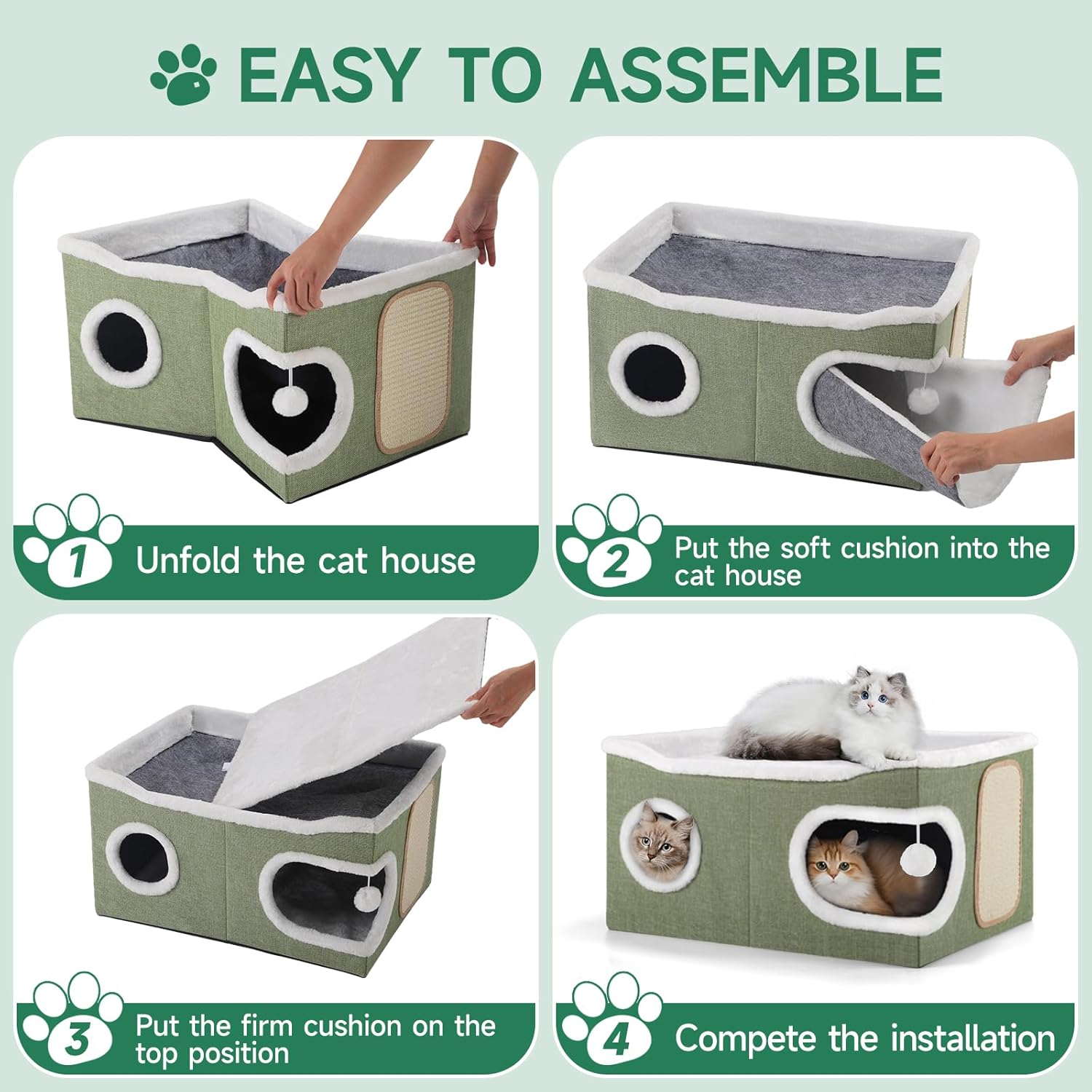 Cat Beds for Indoor Cats, Extra Wide Cat Cube House for Multi Cats, Foldable Cat Cave Hideaway with Arc-Edge Design & Oval Door, Double-Side Soft Cushion for All Seasons, 24"L x 17.7"D x 12.6"H, Green
