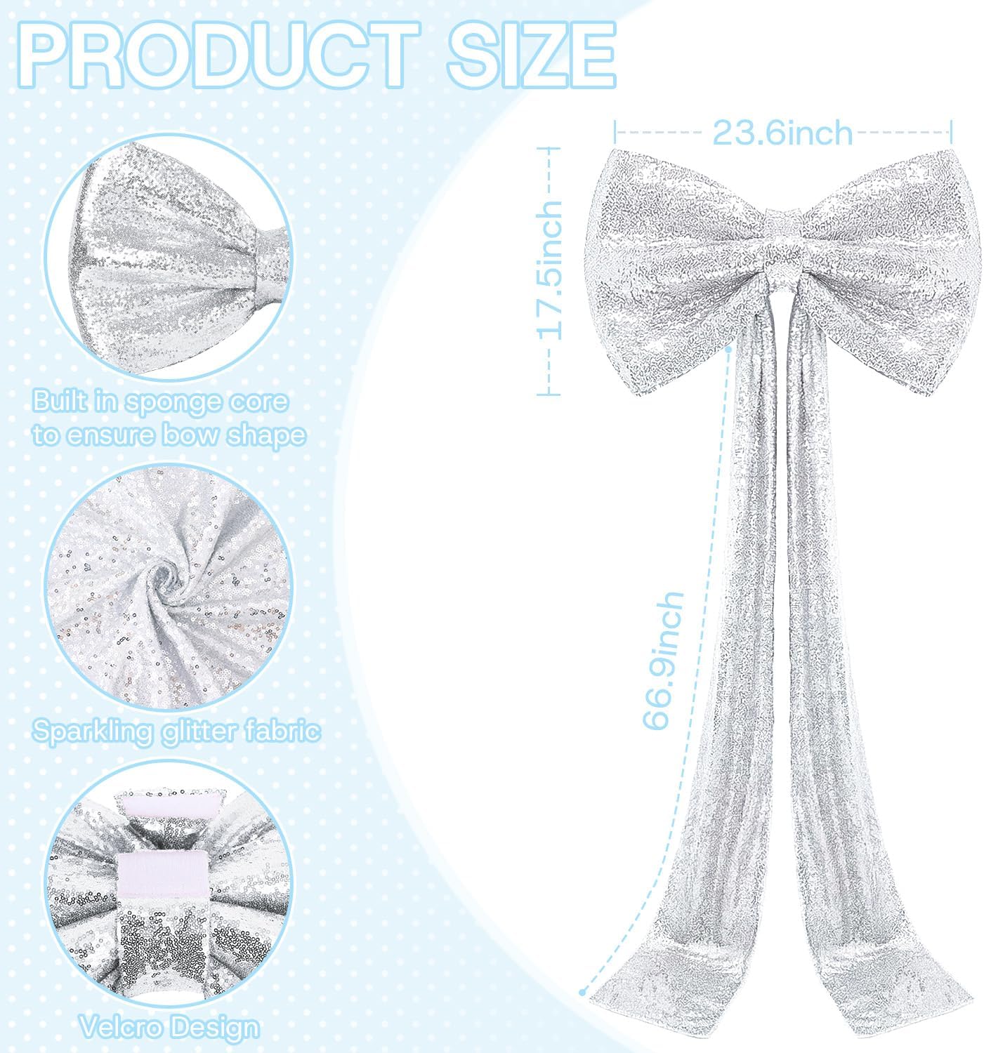 Giant Bow Decoration Silver Sequin Bow for Backdrop 75 x 23 Inch Sparkle Large Bow with Long Ribbon Coquette Big Bows Decor for Wedding Birthday Party Indoor Outdoor Decoration