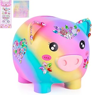 MHJY Unbreakable Piggy Bank for Girls - Large Rainbow Coin Bank with DIY Stickers, Kids Savings Jar for Birthday Easter Gifts