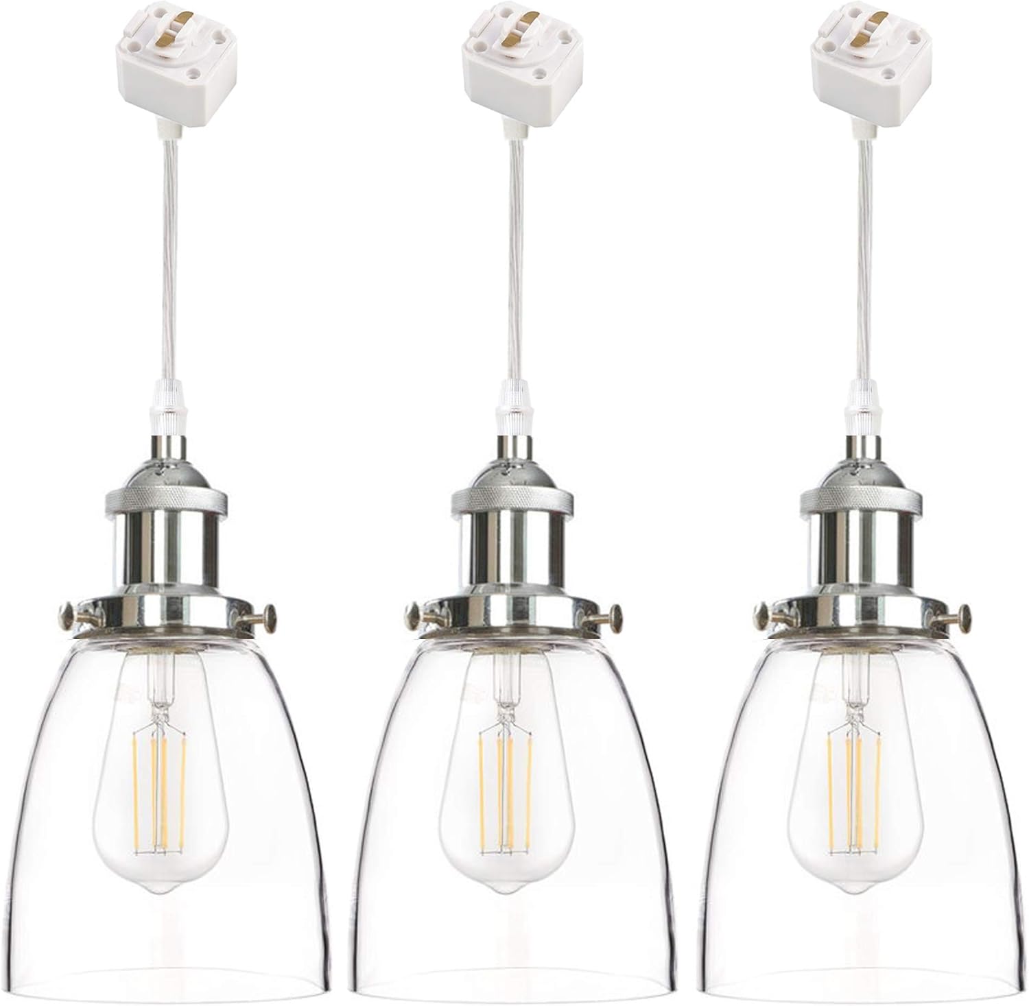 3-Pack L-Type Track Lighting Pendants Restaurant Cone Shape Clear Glass Lampshade with Chrome E26 Socket Lightolier Compatible Track Light Industrial Factory Customizable 3FT Pendant Light