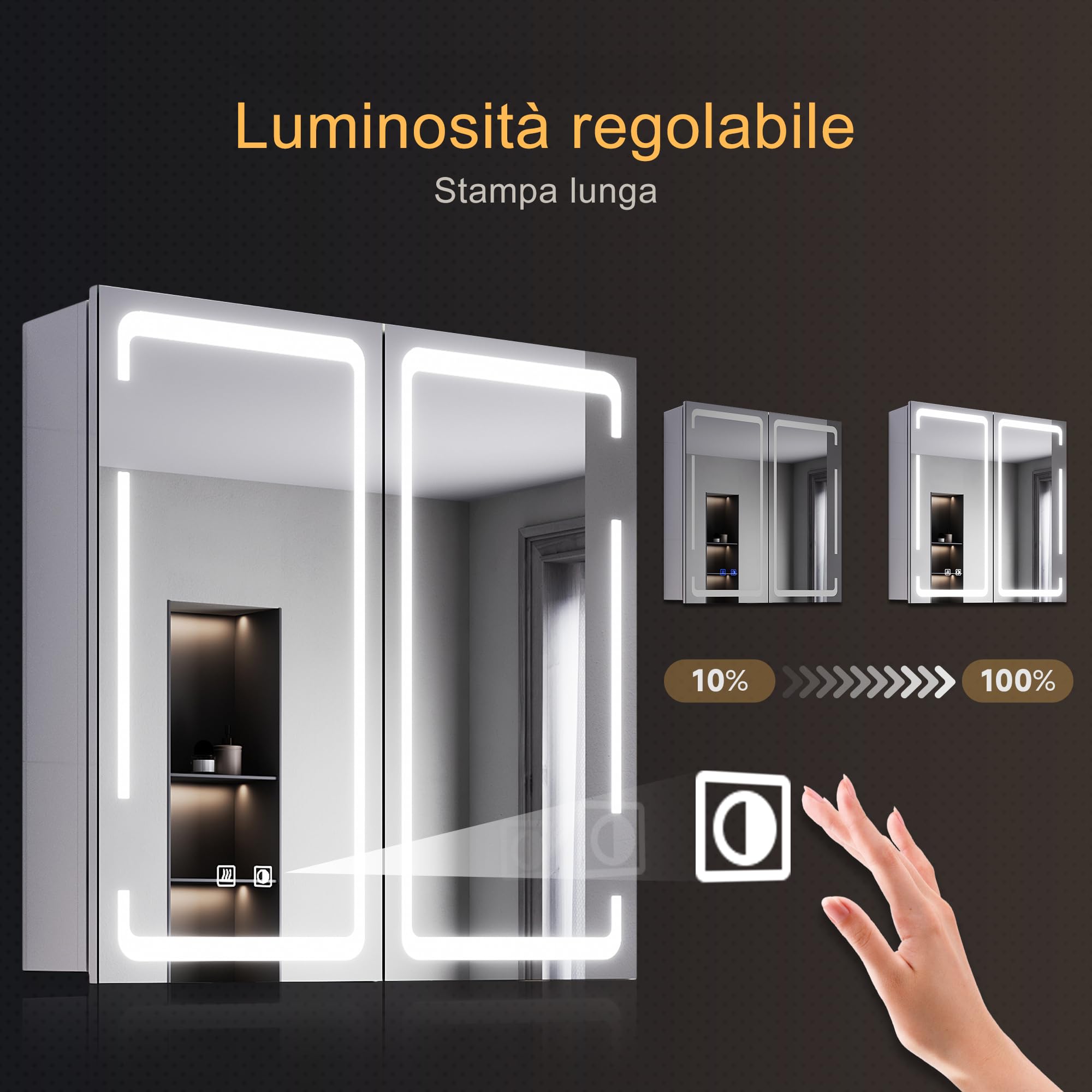 SONNI Armadietto Specchio Bagno con Illuminazione, 3 Colori Luce Regolabile Antiappannamento LED, Mobile Bagno con Specchio Verniciato Ferro a Singola, Design Armadietto Medicina,59x60x14cm