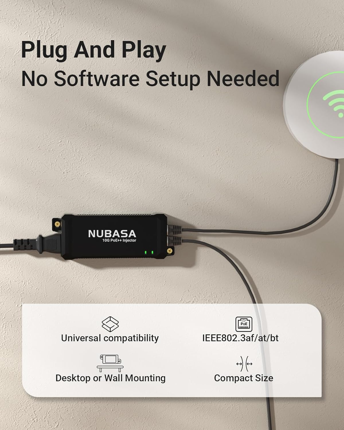 10Gb PoE++ Injector | IEEE 802.3bt 60W Class 6 Power & 10Gbps Data for Access Point | 10G/5G/2.5G/1G Auto-Sensing PoE Adapter | Plug-and-Play