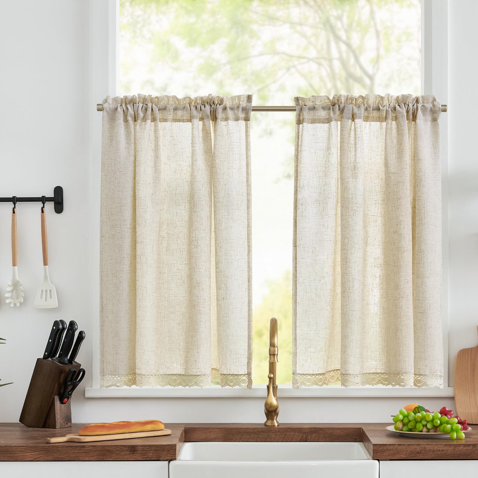 TOPICK Crude Linen Look Cafe Curtains 36 Inch Drop, Light Filtering Small Lace Kitchen Curtains Valance for Living Room, Bathroom, Cupboard, Bedroom, 2 Panels, W36 x L36