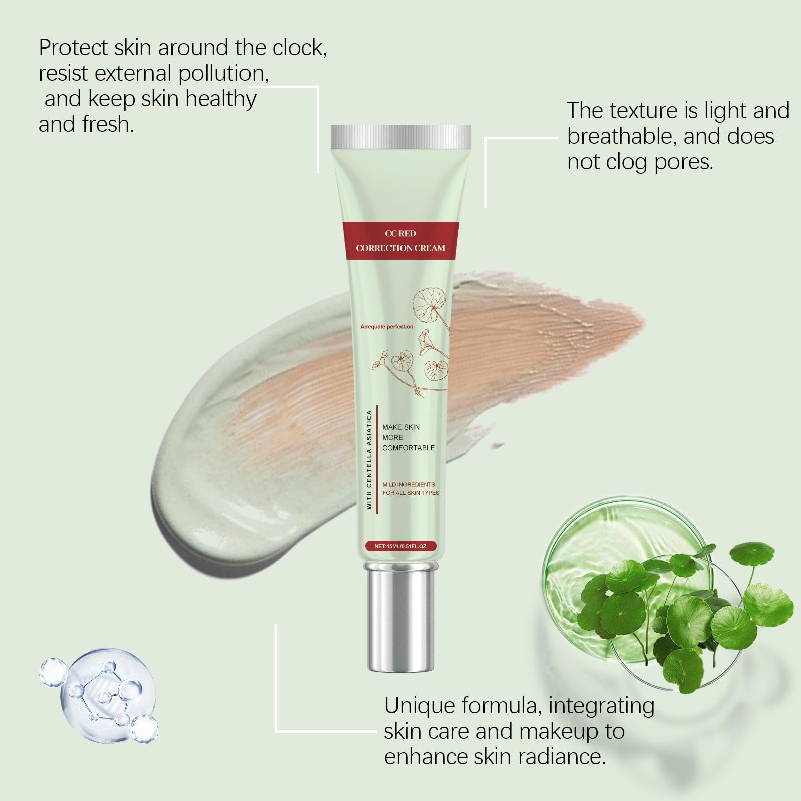 CC Cream Red Correct CC Cream, przyciemniony krem do twarzy z Centella Asiatica, krem korygujący kolor, nawilżający, poprawia cerę i nawilża