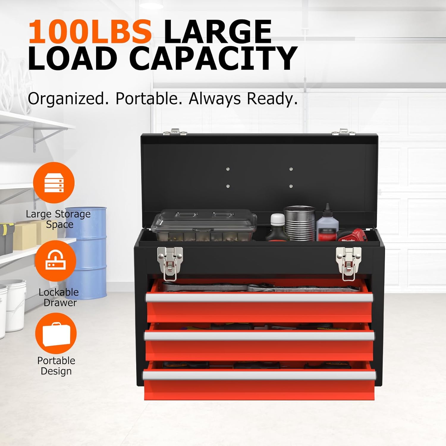 Portable Metal Tool Box with Drawers, Latches Tool Box with EVC Liners, Heavy Duty Tool Chest with Powder Coating for Garage, Office and Home (Blackred)