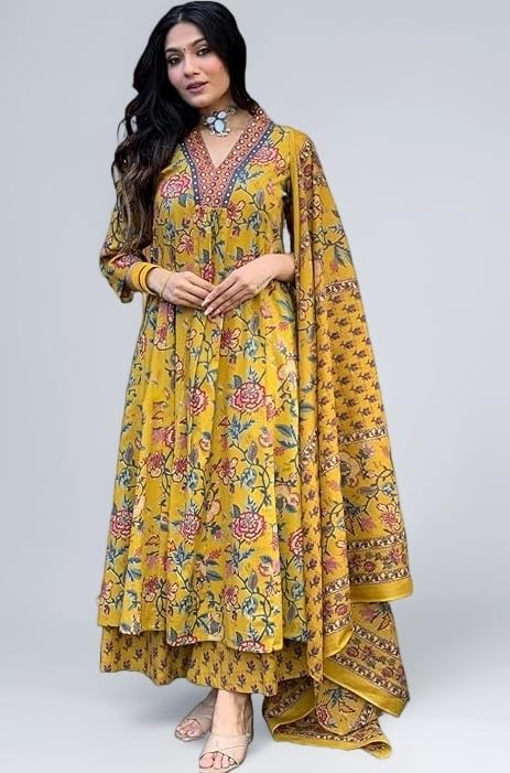 Women's Cotton Blend Anarkali Printed Kurta with Palazzo & Dupatta