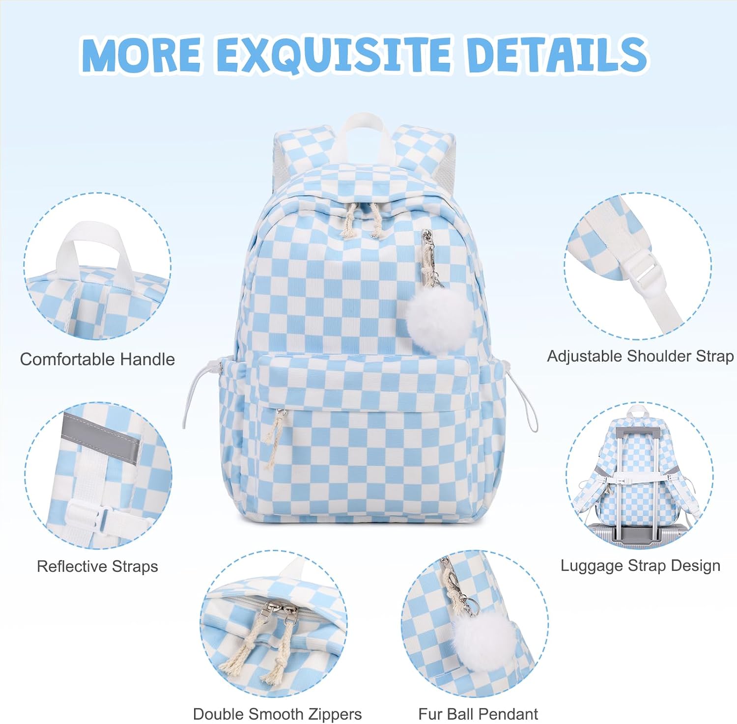 ACESAK Backpack for Girls - Corduroy Girls Backpack with Lunch Bag & Pencil Pouch for Teen Kids Laptop Backpack for Women, Middle High School Bookbag Travel Daypack (Blue Chessboard)