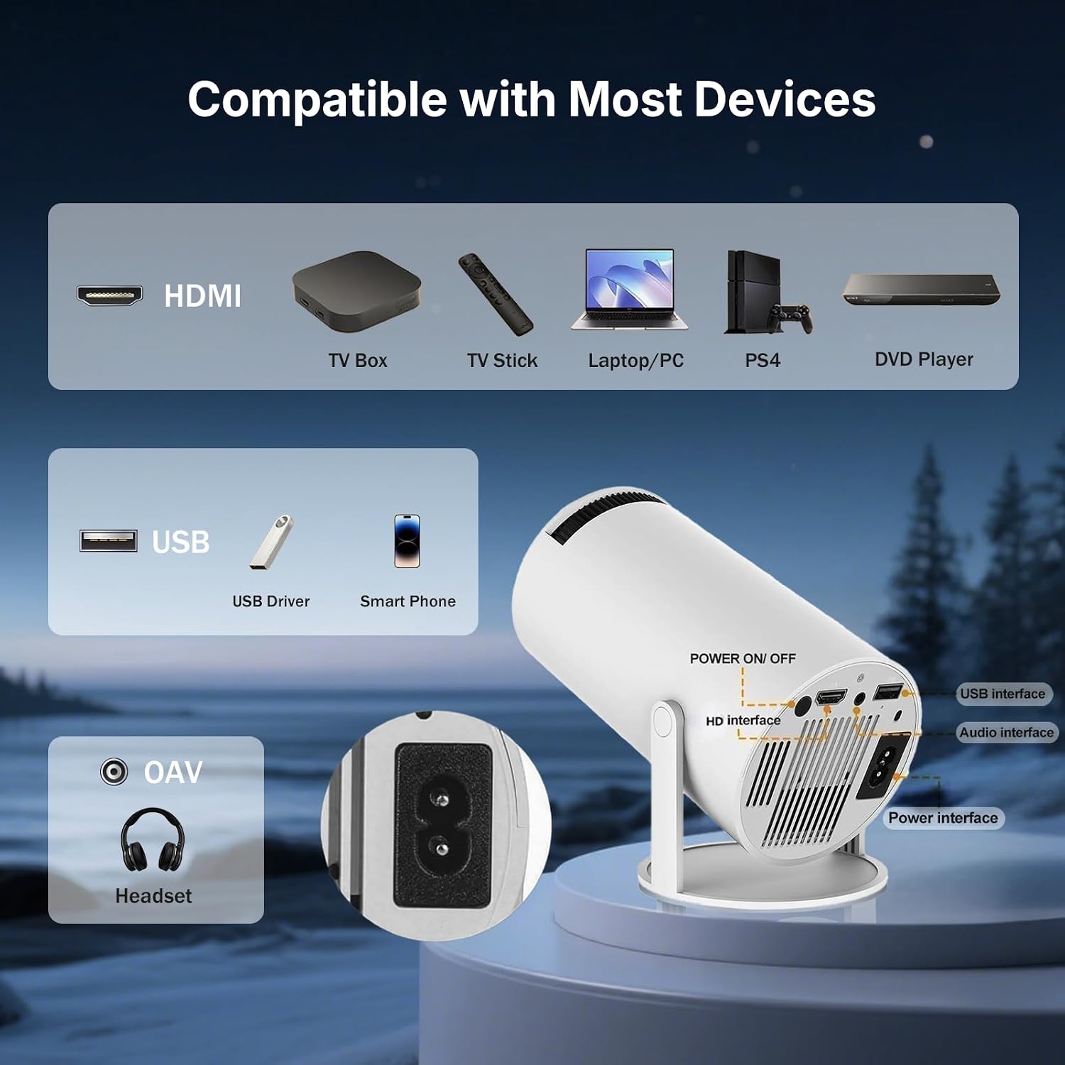 200 ANSI Portable Projector with Built-in Apps Compact, Handheld Projector,projector supports Wi-Fi and Bluetooth