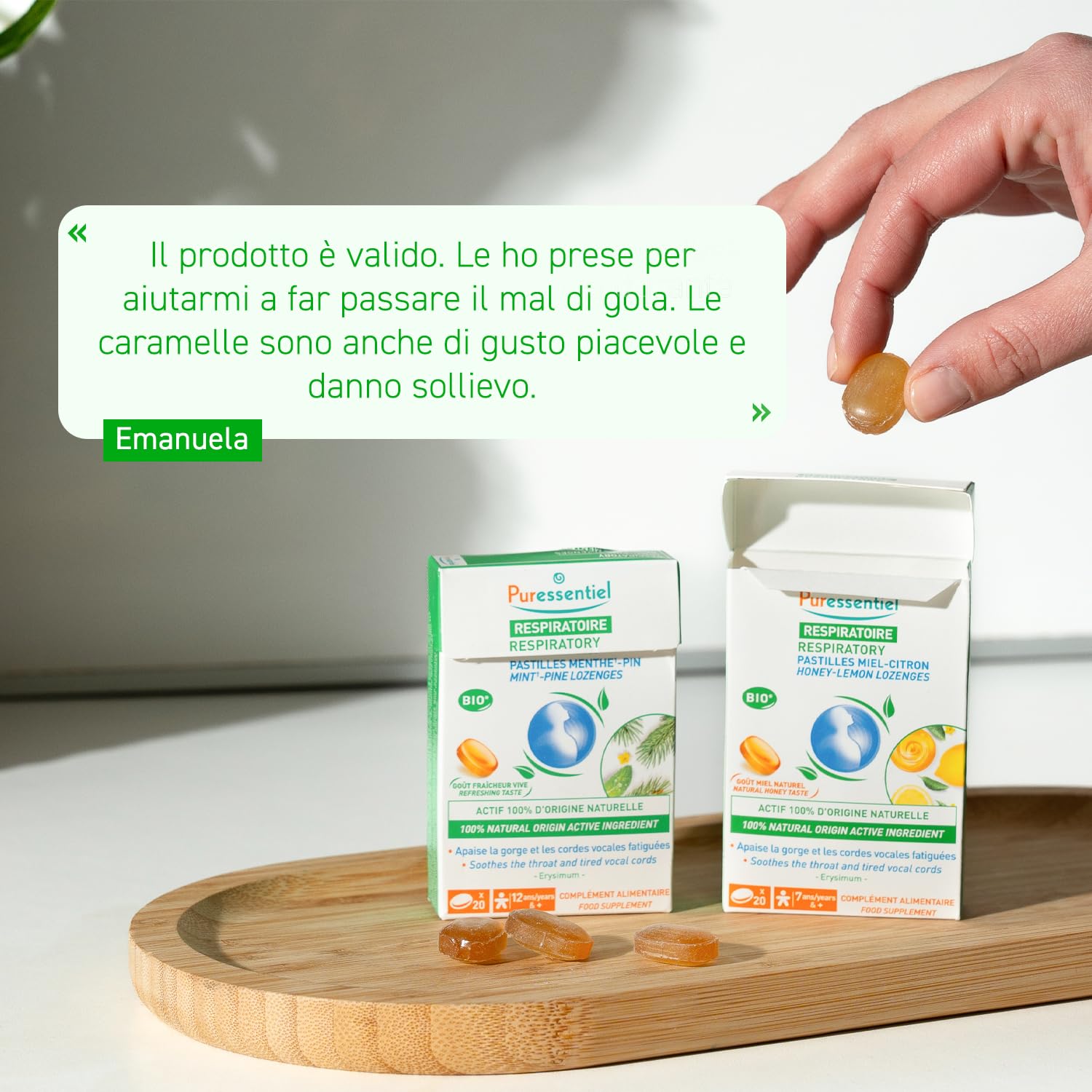 Puressentiel - Respirazione Pastiglie Gola Voce Menta Pino – All'Estratto di Erisimo – Procurano un effeto balsamico – Aiutano a liberare il naso – Dai 12 anni – 20 Pastiglie