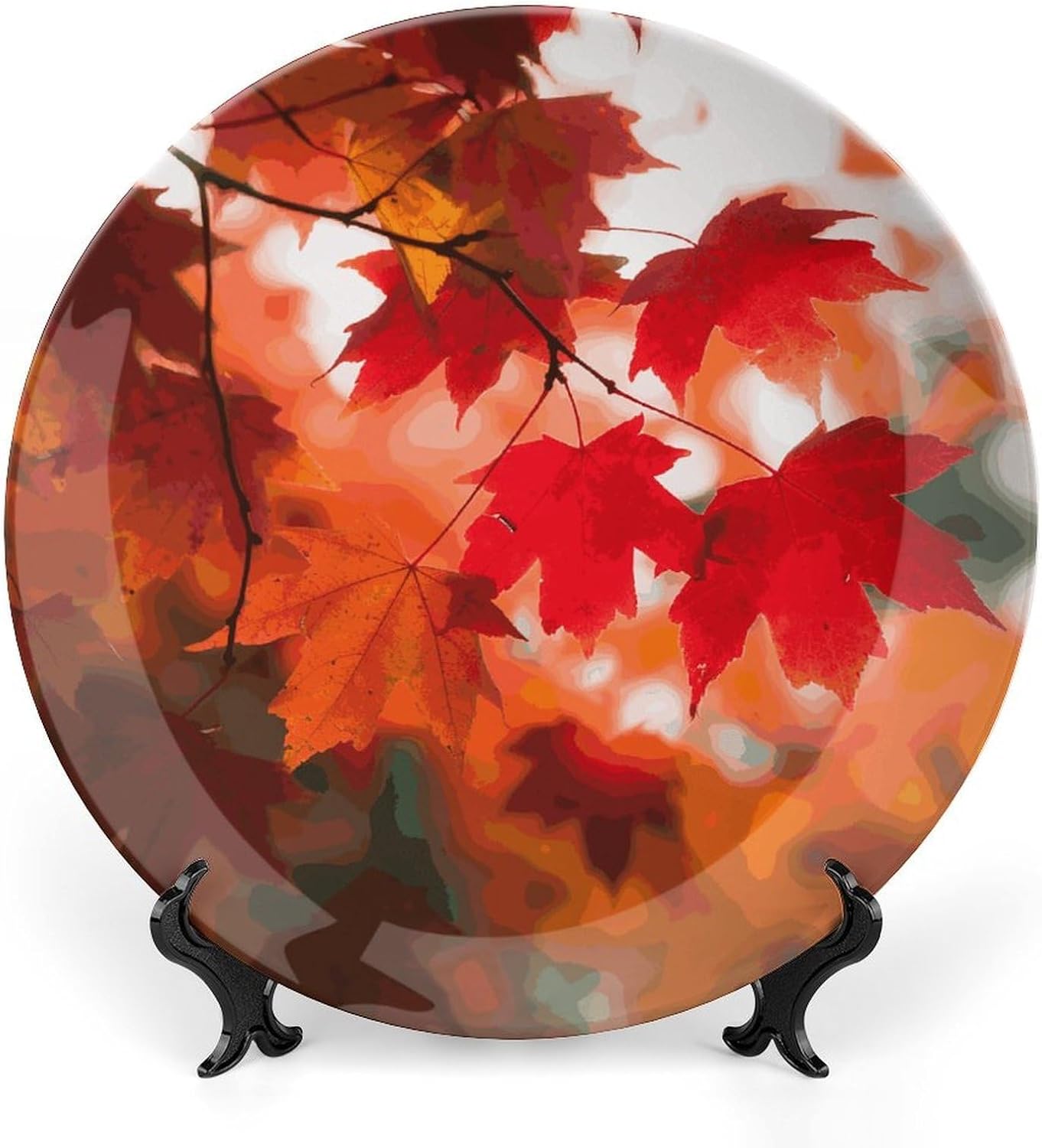 Autumn Fall Red Maple Leaves Bone China Decorative Plate Exquisite Ornamental Wall Hanging Platter 6/7/8/10 Inch Vintage Art Ceramic Decor Dish for Home Tabletop Decor Housewarming Gift