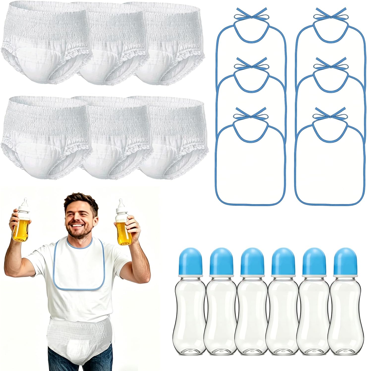 6 Sets Blue Bottle Chug Baby Shower Games, Plastic Bottles&Bibs&Diapersx6