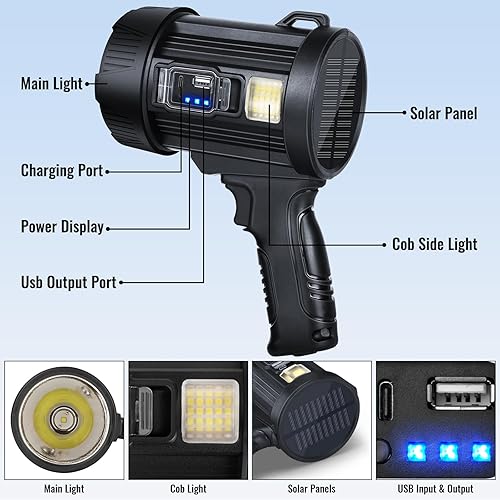 Miniatura 8 de Foco recargable, 99,000 lm súper brillante de mano luz LED linterna de alto lúmenes, reflector grande al aire libre con paneles solares y luz COB