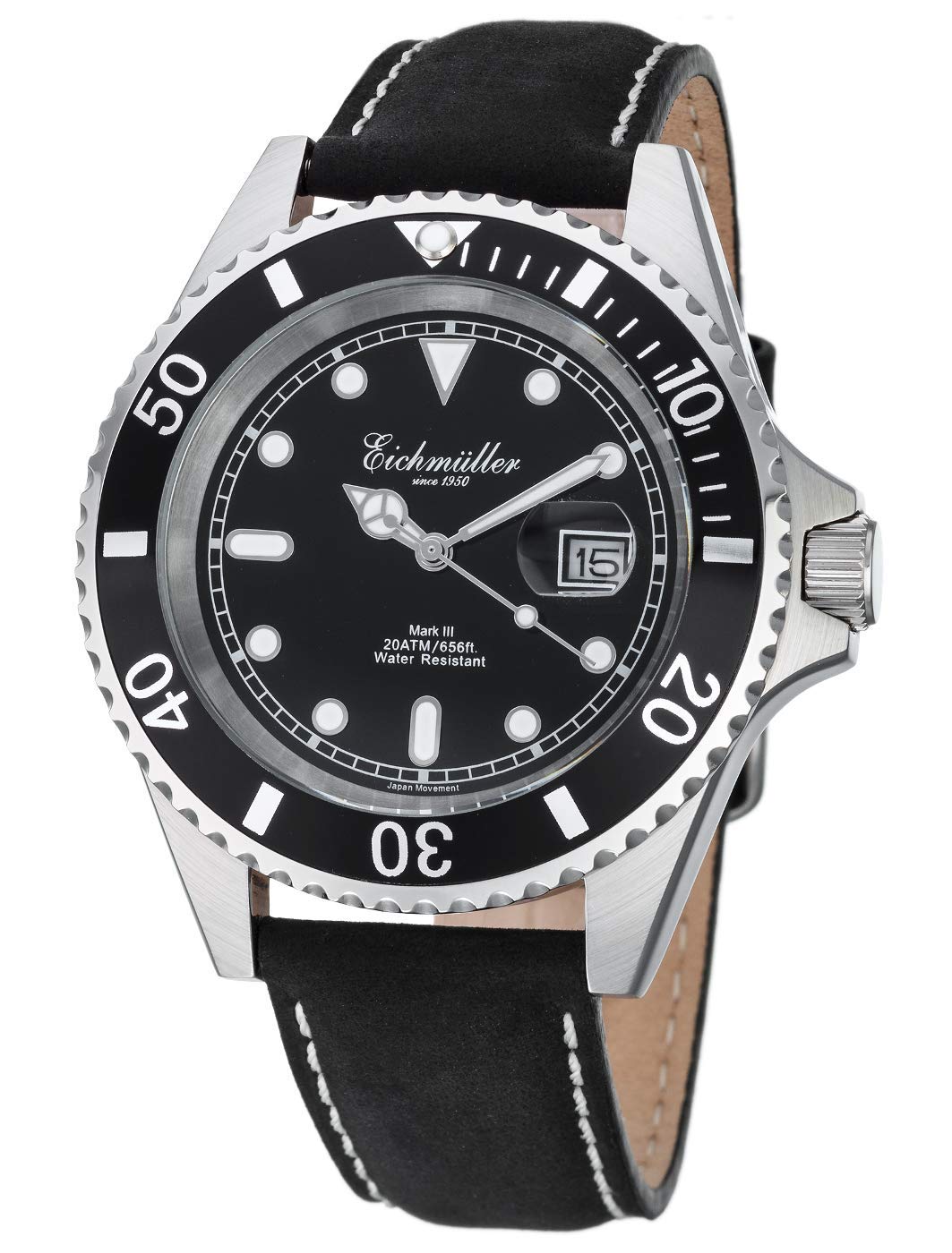 Eichmüller Reloj de hombre de Buzo negro con lupa, indicador de fecha y bisel giratorio 20 ATM, Correa