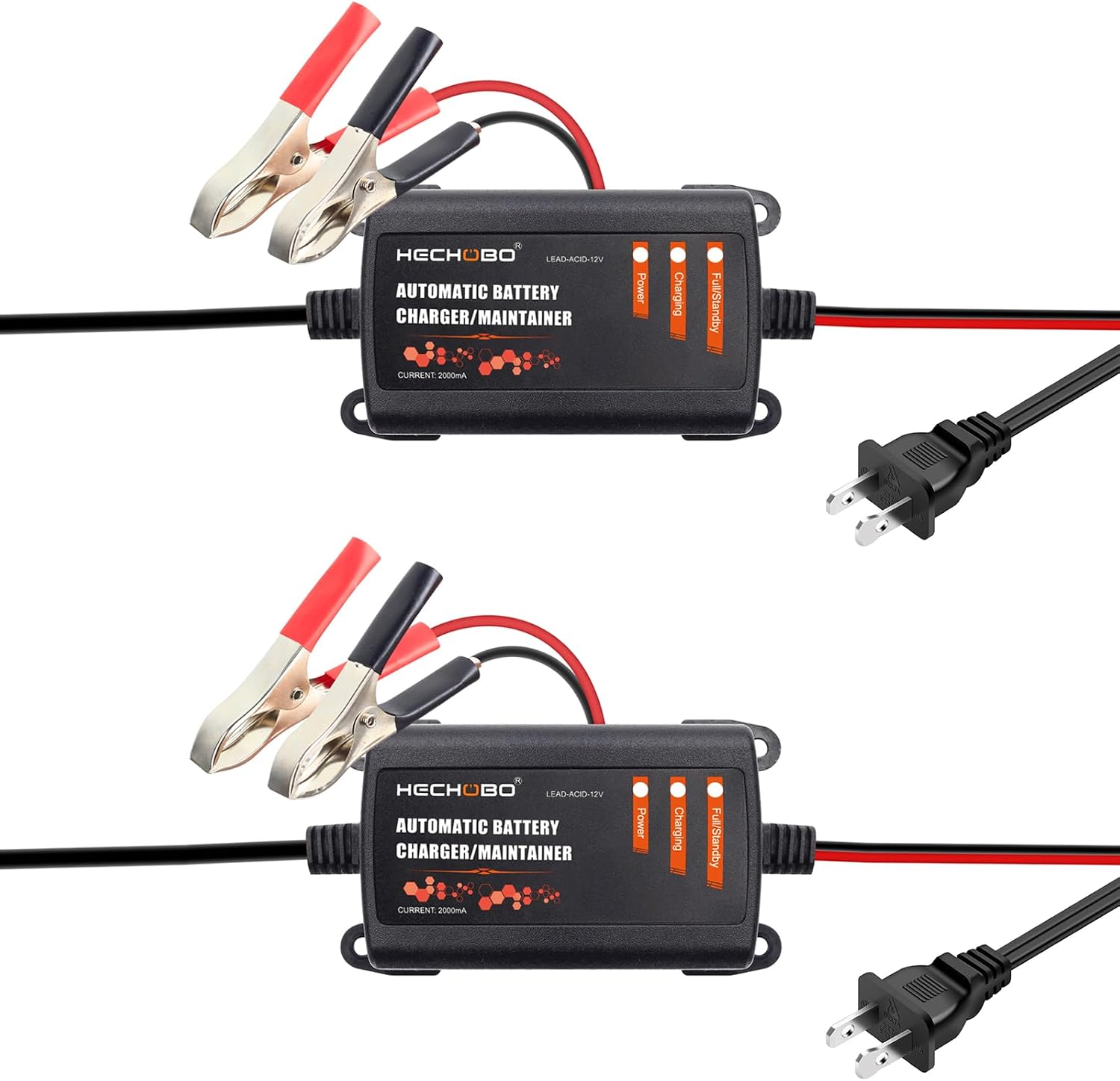 2PCS 12v 2A Battery Charger, Trickle Charger for Lawn Mower Battery, Motorcycle, car, Boat, ATVs, Riding andMore -2000mA Battery Maintainer and Desulfator withIntelligent Interface