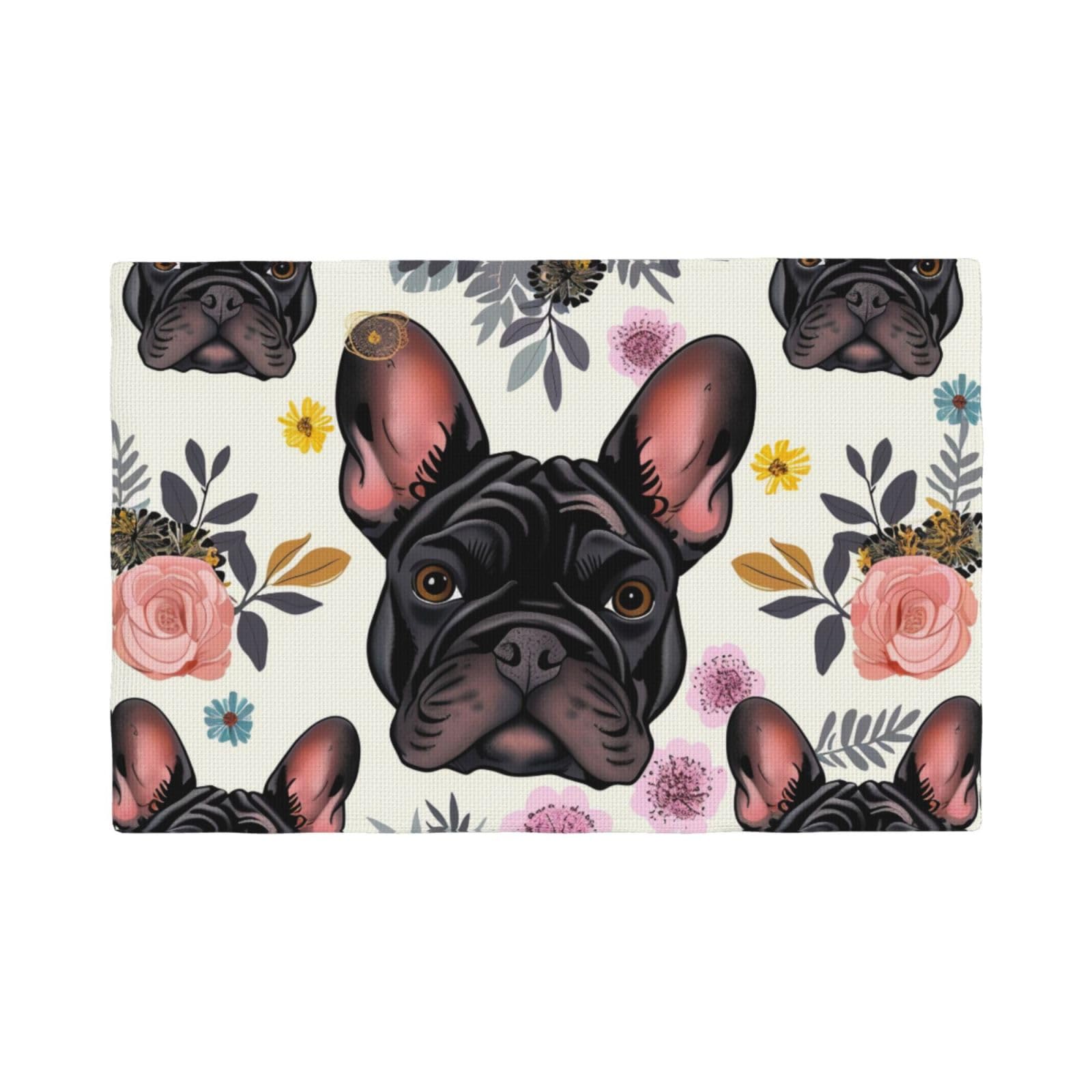 French Bulldog And flowers Print Placemats Set, Heat Resistant Washable Placemat 12x18in Table Mats for Party Kitchen Dining Table Decoration Indoor Outdoor, Six Piece