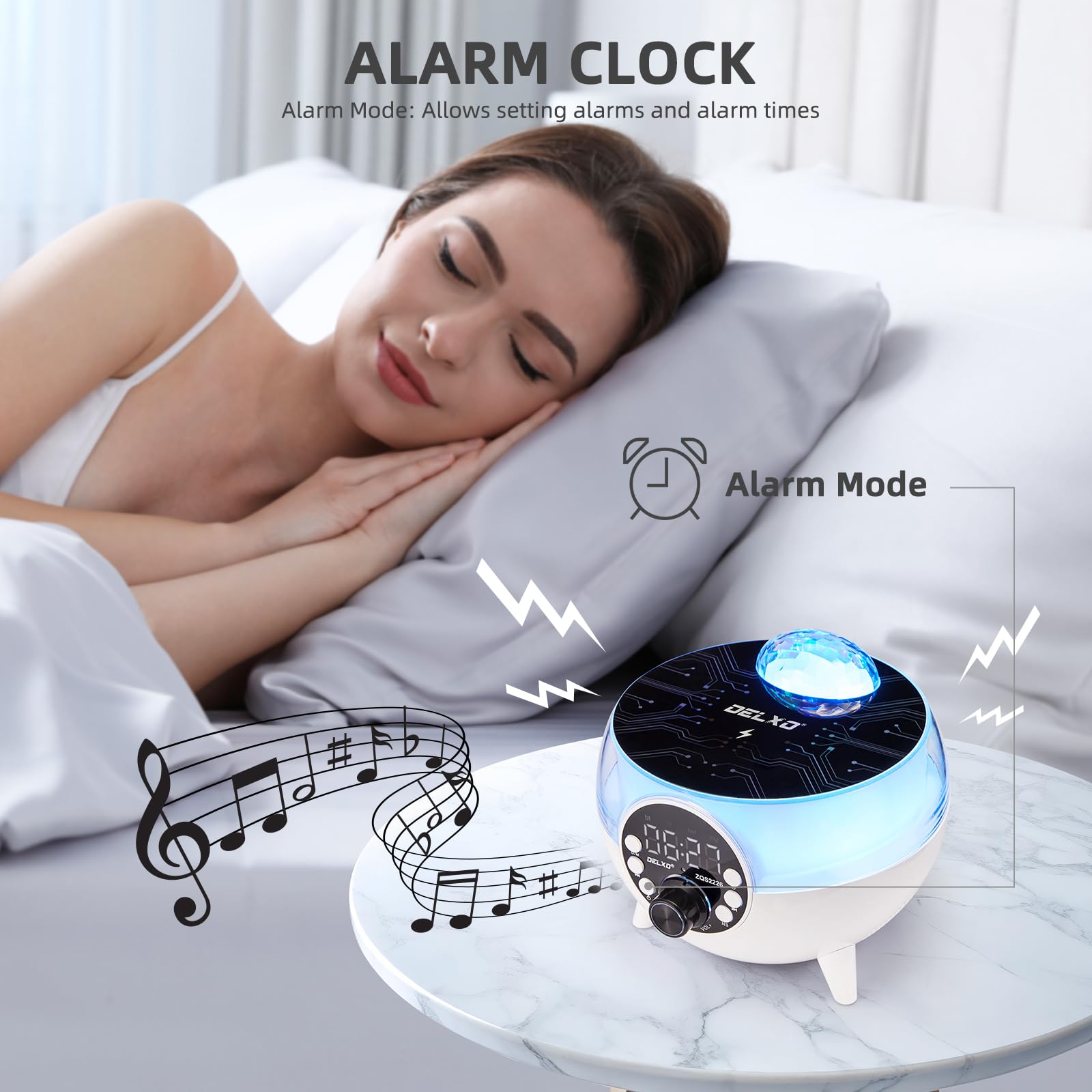 Delxo Altoparlante Bluetooth cielo stellato con ricarica wireless per telefono, altoparlanti super bassi, Bluetooth wireless con sveglia, radio FM, luce notturna regolabile, altoparlante portatile,