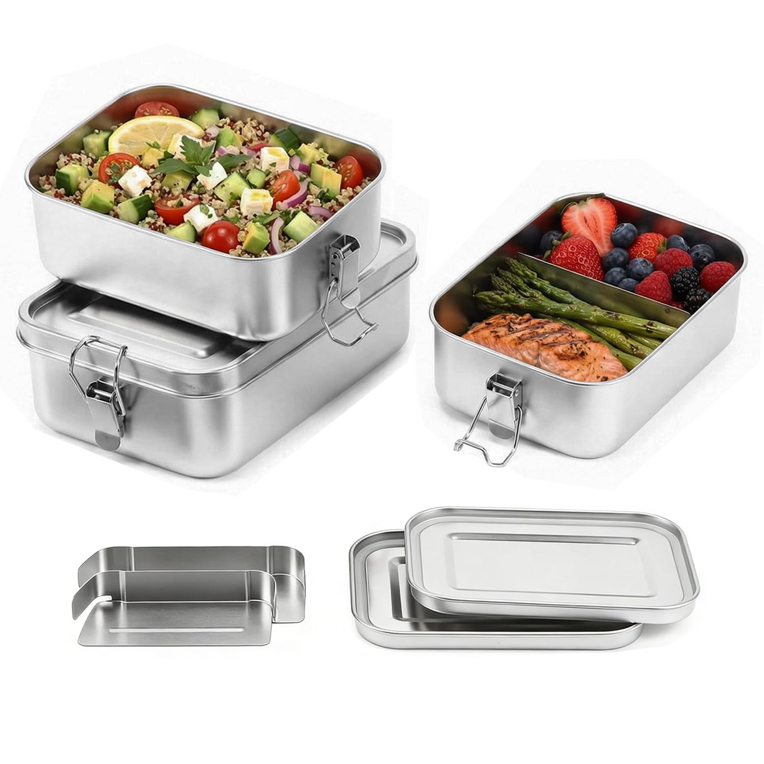 304 Bento pudełka ze stali nierdzewnej z przegródkami, zestaw 3 sztuk, pudełko na lunch ze stali nierdzewnej, 1400/850/850 ml, szczelne pudełko na lunch dla dzieci i dorosłych, pudełko na