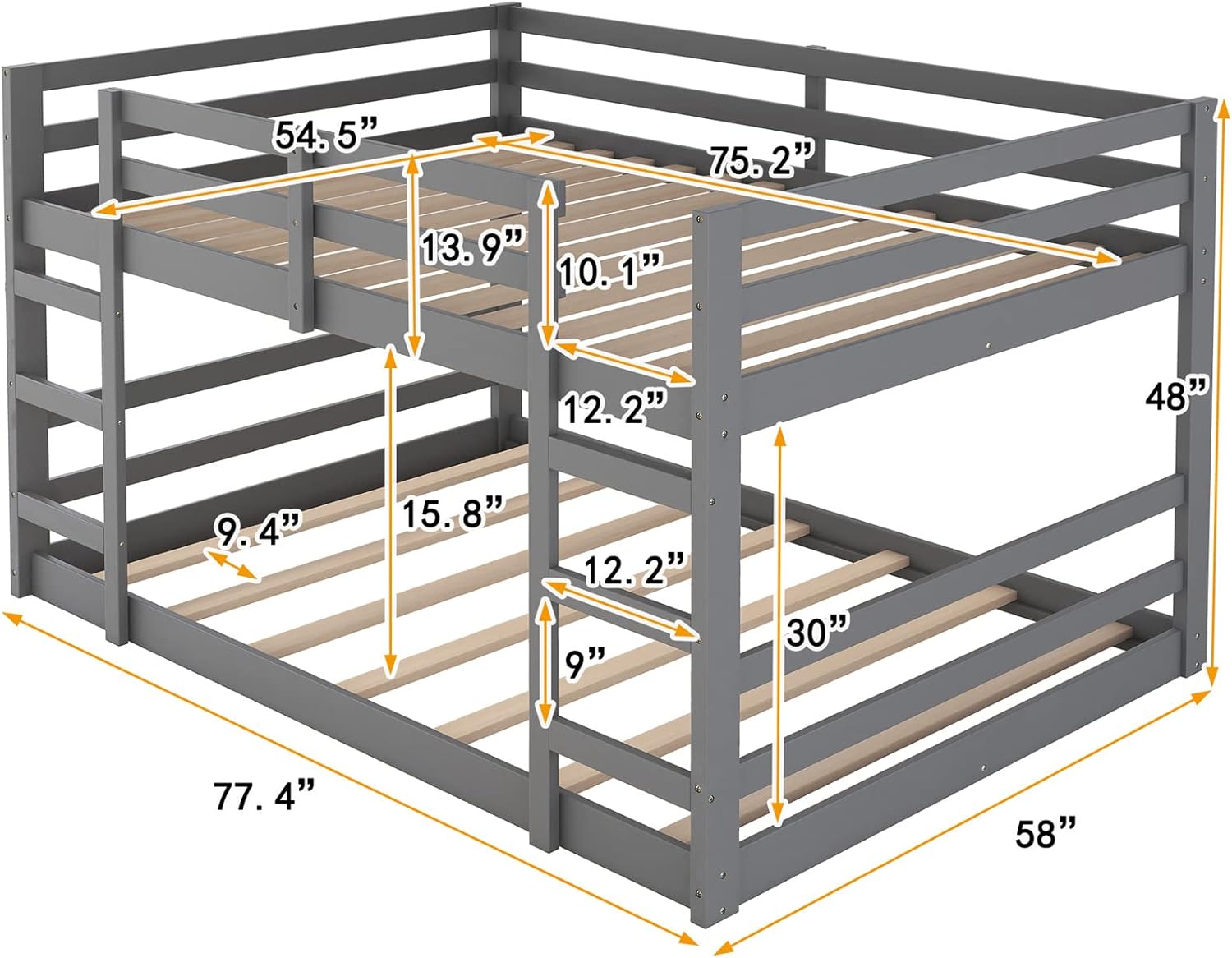 Bellemave Bunk Beds Full Over Full Low Bunk Bed Frame Wood Floor Bunkbed for Boys Girls Teens’ Bedroom Dorm, Gray