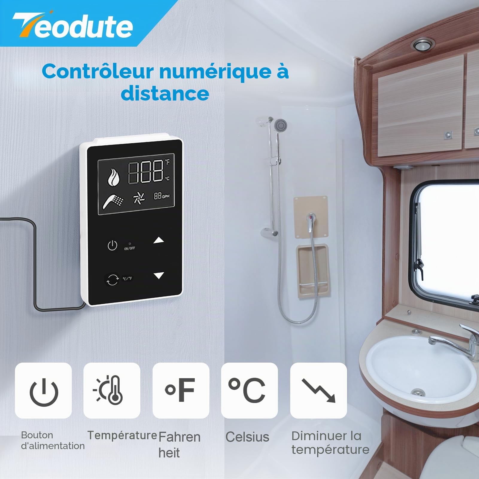 Chauffe - eau Teodute pour campeurs: chauffe - eau de camping prêt à l'emploi de 55 000 BTU avec porte blanche de 15 x 15 pouces et télécommande - 2,8 gpm Max - compatible avec tous les campeurs