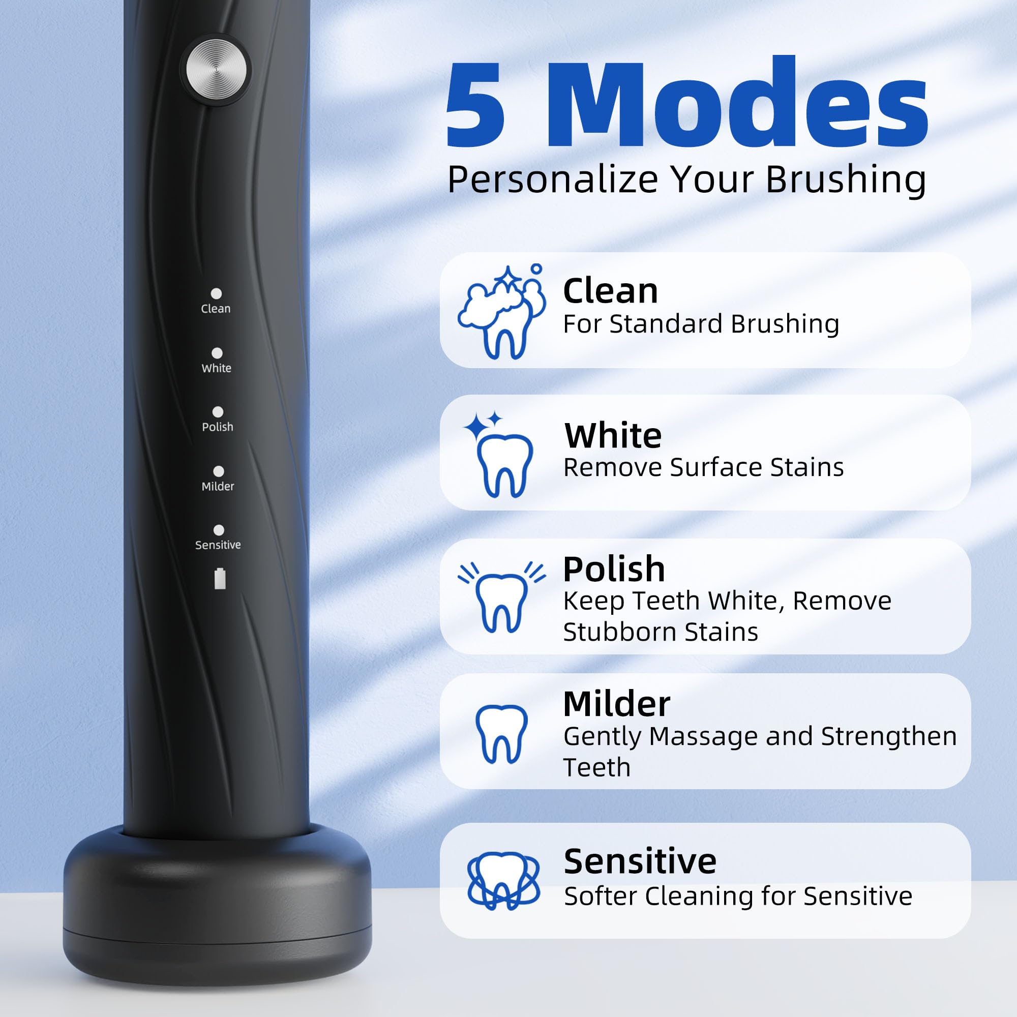 Vexloria Brosse a Dent Electrique Adulte Enfant avec 6 Têtes de Brosse, 5 Modes et Minuterie, IPX7 Brosse à Dents Électrique Ultrasons pour Femmes Hommes, Noir