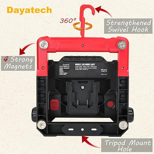 Miniatura 5 de Luz de trabajo LED inalámbrica de 20W 3000LM, compatible con Dewalt, Milwaukee y Makita batería de 18-21 V, base magnética plegable, brillo