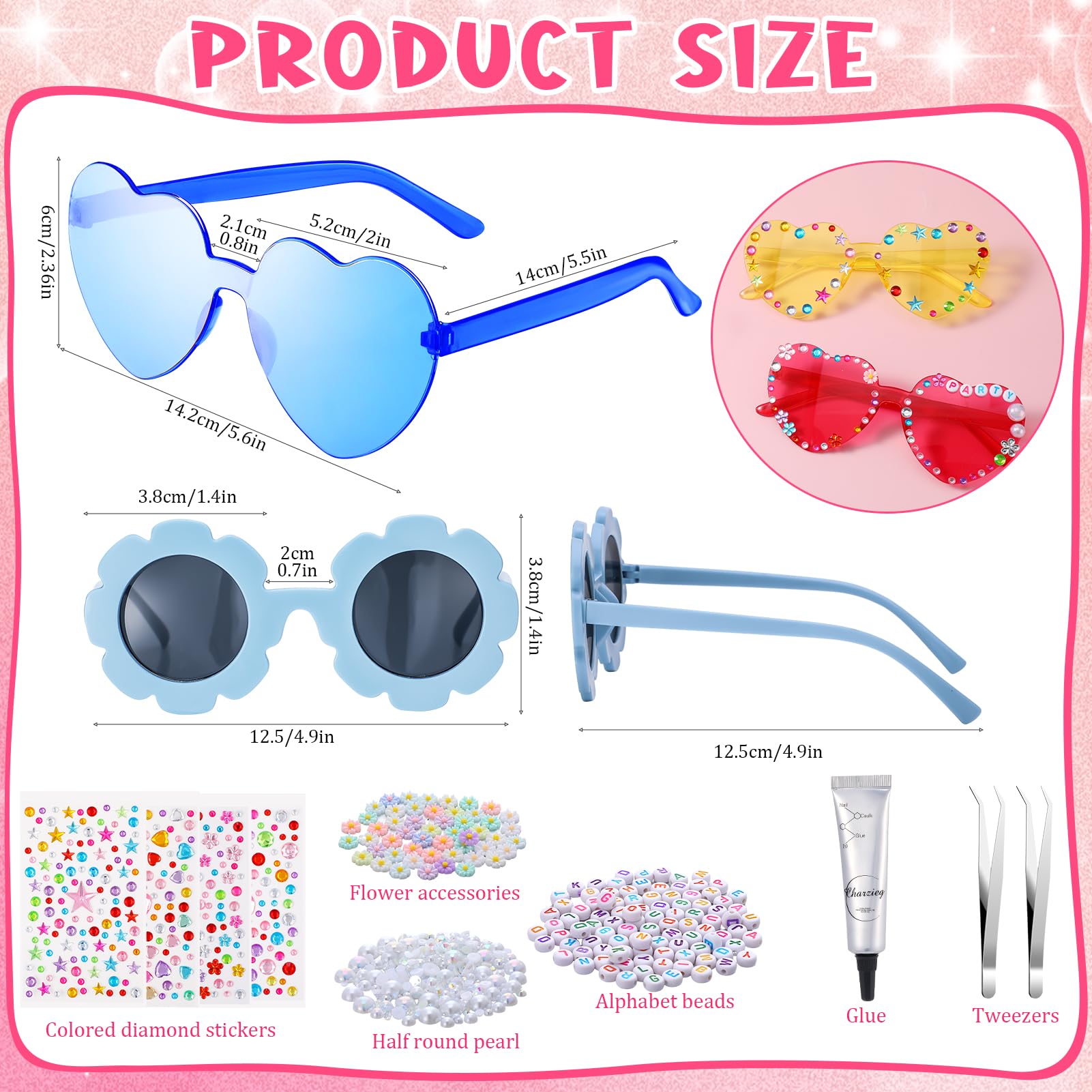 GGSTDDUP 20 Pairs DIY Heart Round Flower Sunglasses with Letter Beads,Daisy Pearl Charms,Glue Stick,2 Pcs Tweezers and 4 Pcs Stickers for Kid Girls Party Favors