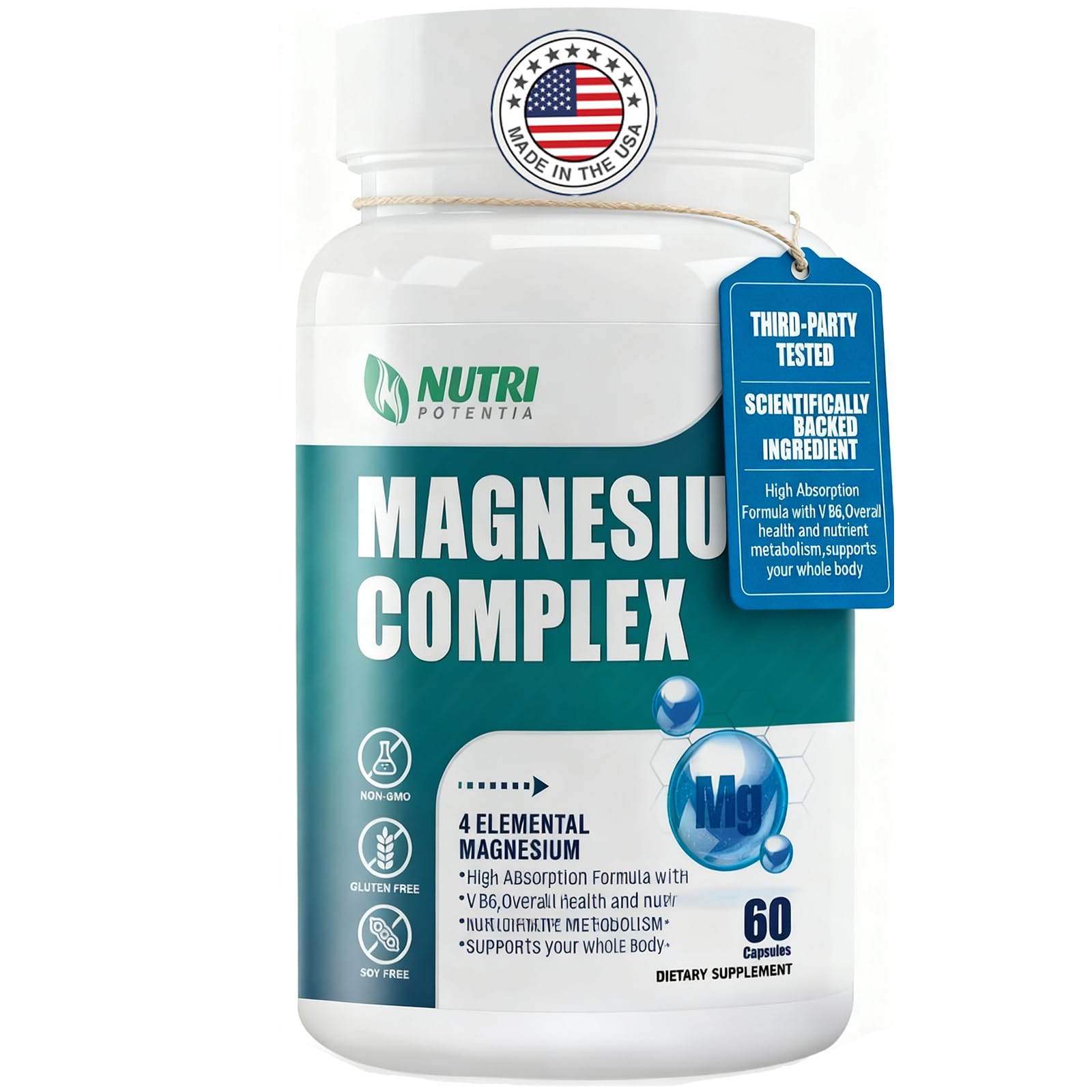 Magnesium Complex for Women&Men,With Glycinate Malate Citrate Taurate.Support for Sleep,Stress Relief,Cognitive Function,Magnesium Supplement 500mg,Third-Party Tested(Made & Tested in USA)-60 Capsules