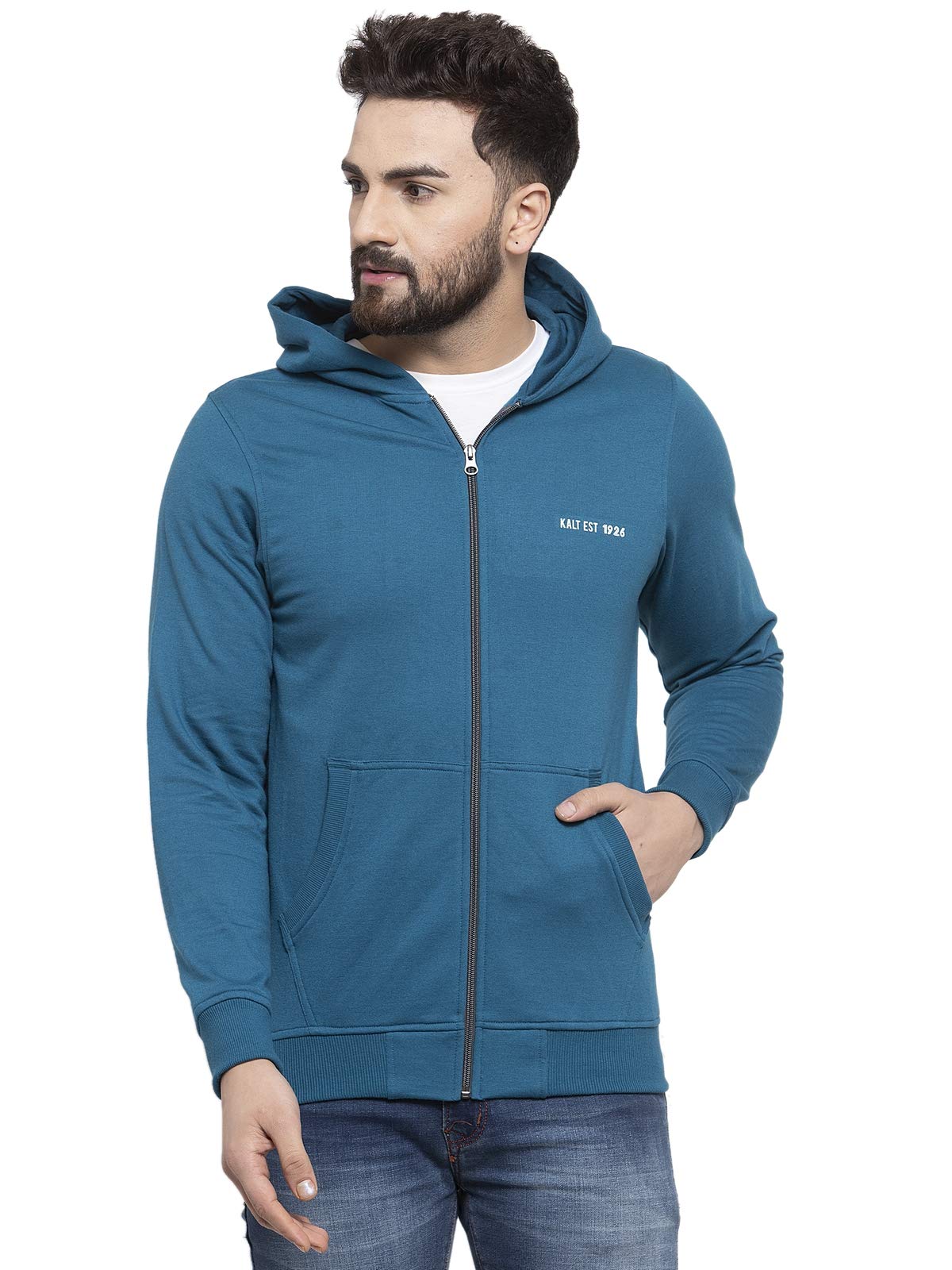 kalt Men's Full Sleeves Zipper Fleece Hoodie(Teal)-picture-22