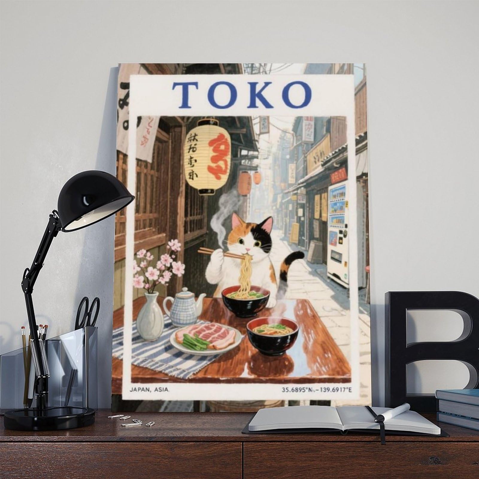 QIOTBVV Bedrucktes Poster mit Katze und Nudeln, Motiv: Tokio Straßenszene, Atmosphäre, Leinwand-Poster, Wandkunst, Dekor, Bild, Gemälde für Wohnzimmer, Schlafzimmer, Dekoration, 61 x 91,4 cm (L x B)