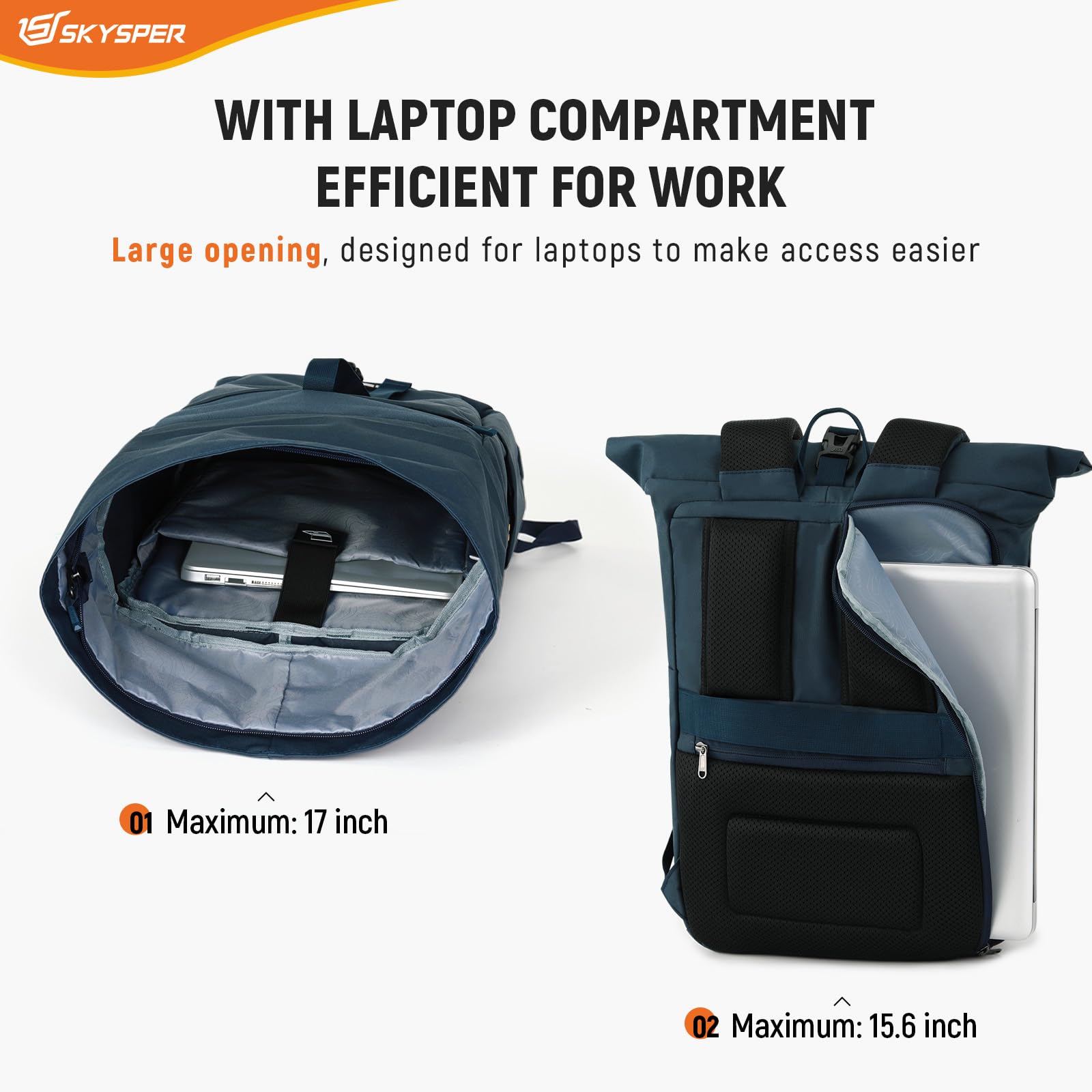 SKYSPER Rolltop plecak dla mężczyzn i kobiet, z kieszenią na laptopa, plecak podróżny, na rower, na uczelnię, do pracy, uniseks, na laptopa, plecak szkolny