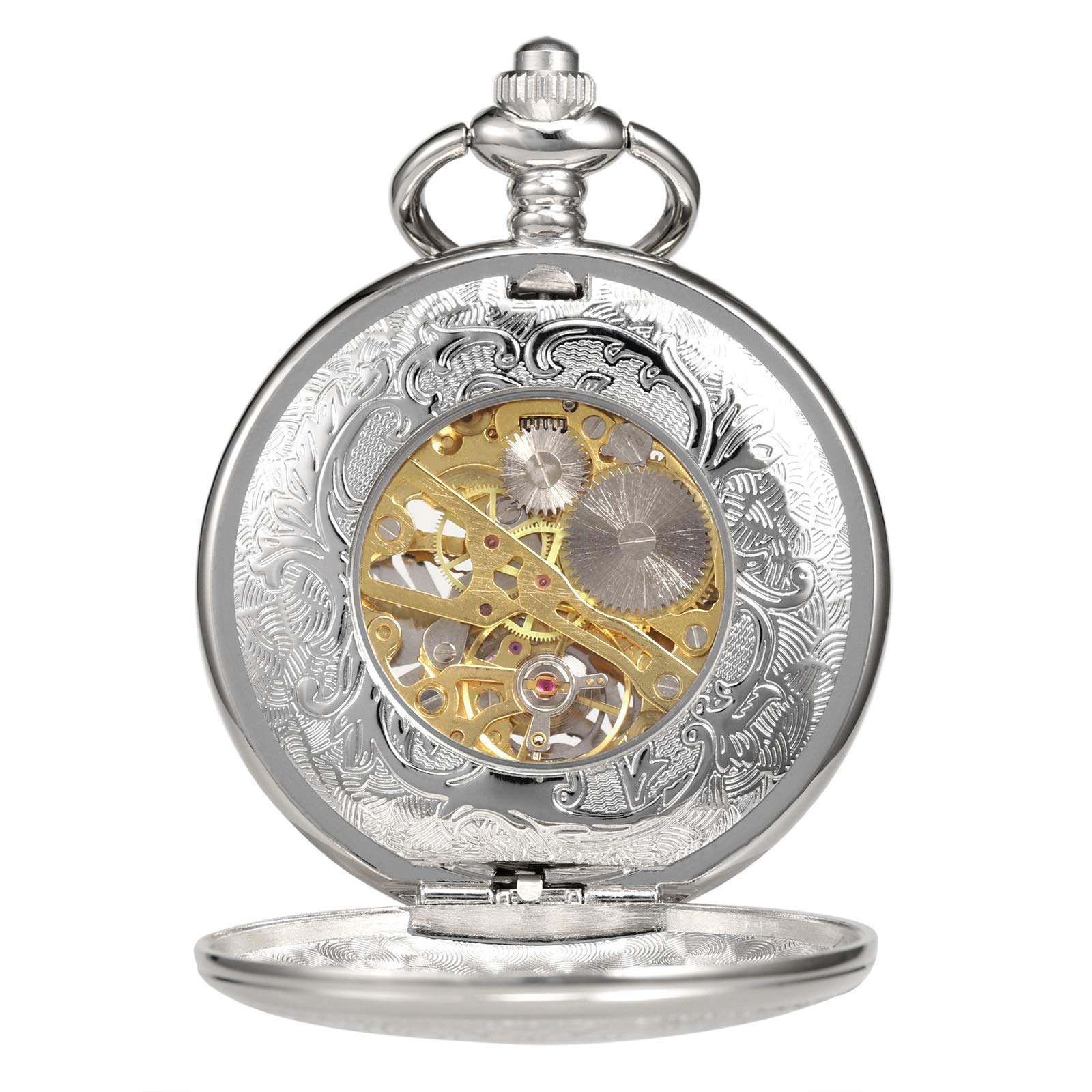 Treeweto Montre à Gousset mécanique avec Ailes d'aigle Double boîtier Creux Chiffre Romain avec chaîne Coffret Cadeau