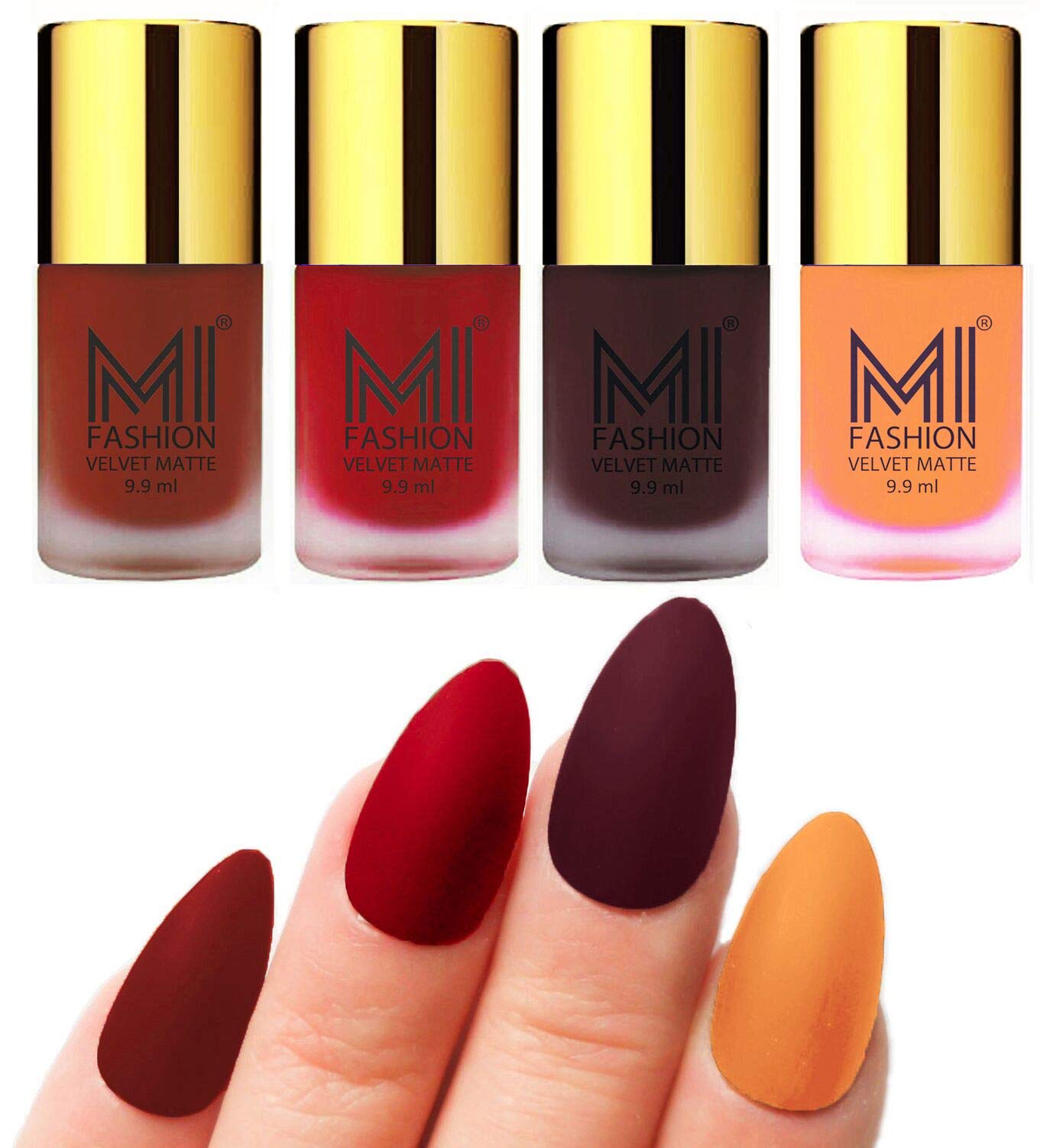 MI FASHION Velvet Matte Nail Paint Combo Sets Non-Stop, Rain Or Waterproof 9.9ml Cherry Red, Tomato Red, Wine, Saffron Orange (Pack Of-4)-image-49