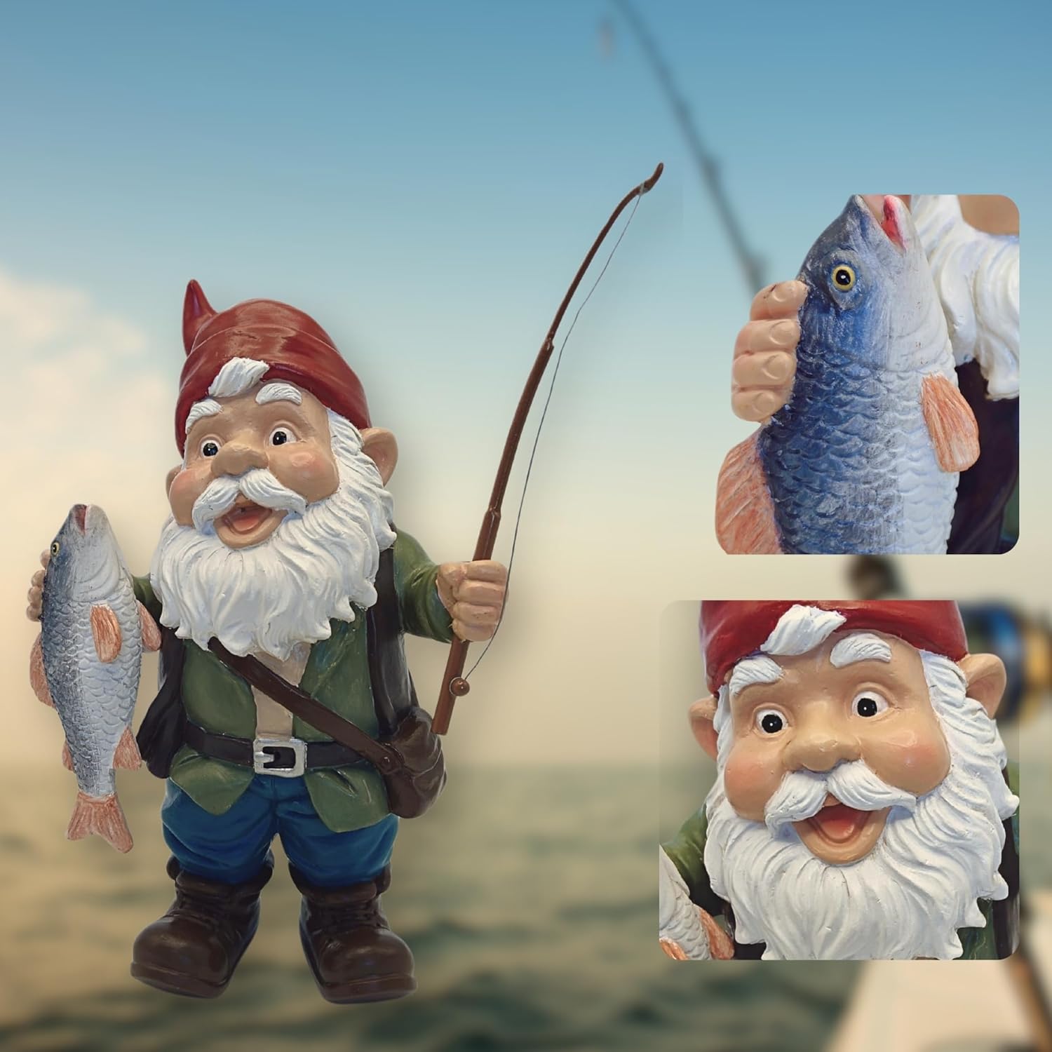 Fly Fishing Garden Gnome Statue - Cheerful Angler with Rod & Trout Figurine - Durable Resin Lawn & Yard Art Decor for Outdoor Patio, Pond - Unique Funny Gift for Men, Dad