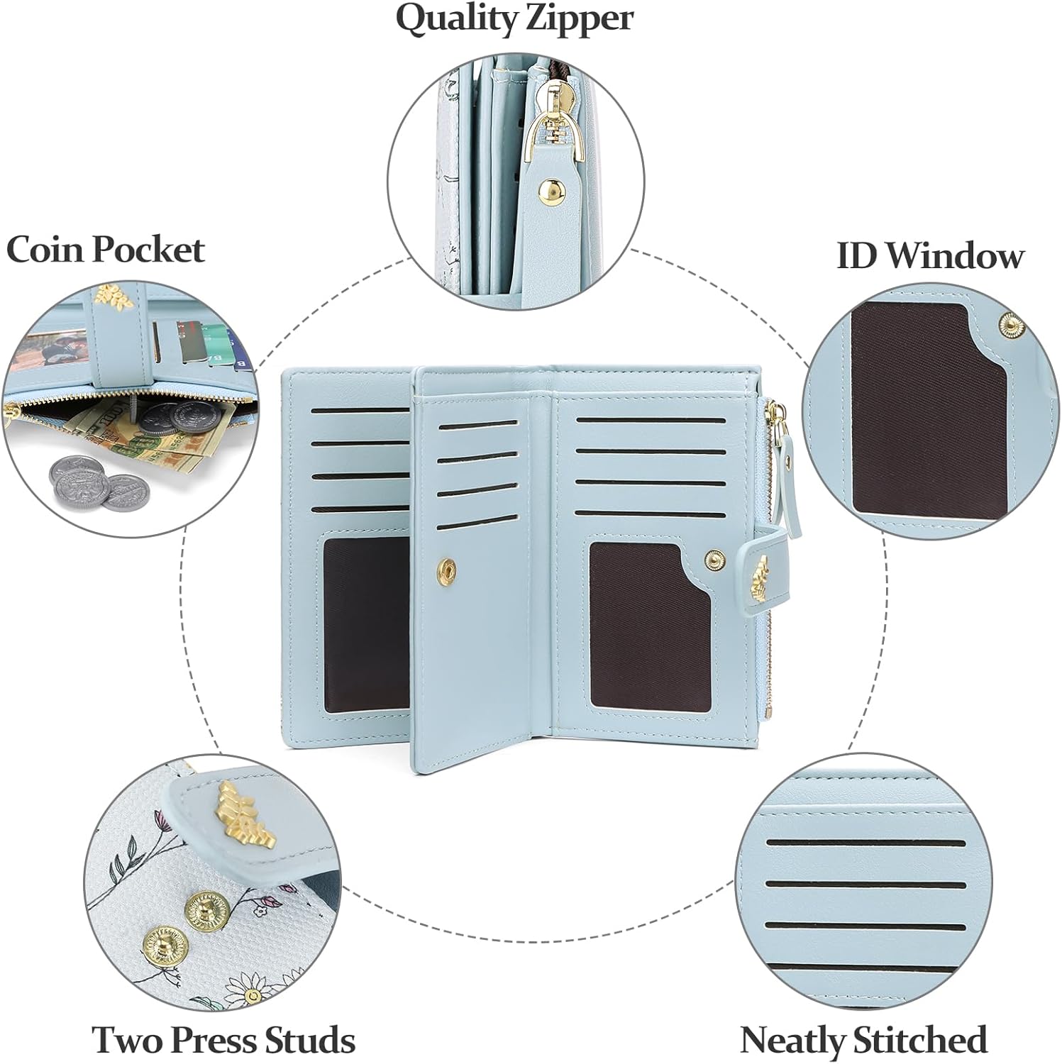 GAEKEAO Wallets for Women RFID Blocking Medium Bifold Ladies Wallet Vegan Leather Floral Card Holder Purse Zipper Coin Pocket - Image 5