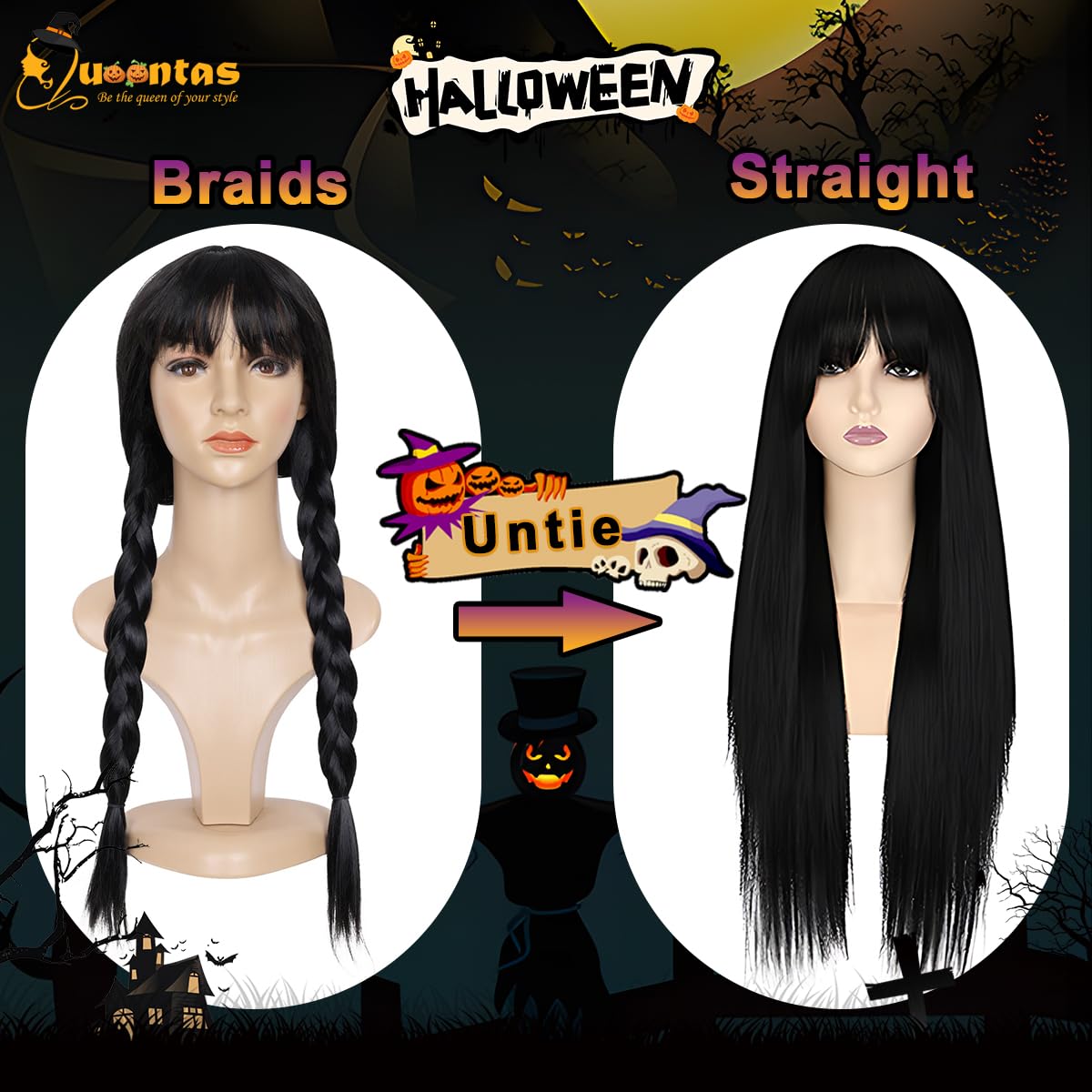 QUEENTAS 19Inch Long Braided Wigs for Women Black Long Straight Hair Costume Wigs for Halloween Party Cosplay - Image 2