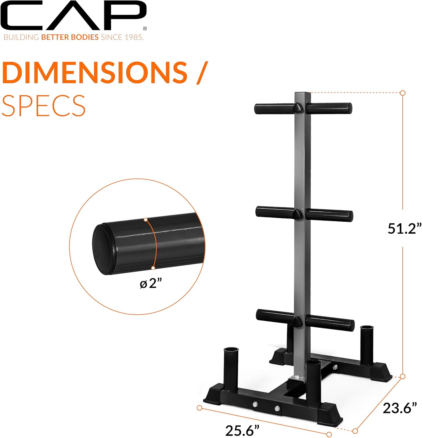 CAP Barbell Olympic Bumper Plate Tree Rack with 6 Weight Plate Posts and 4 Barbell Storage Holders – Heavy-Duty Steel Gym Organizer for Olympic Plates and Bars - Black/Gray