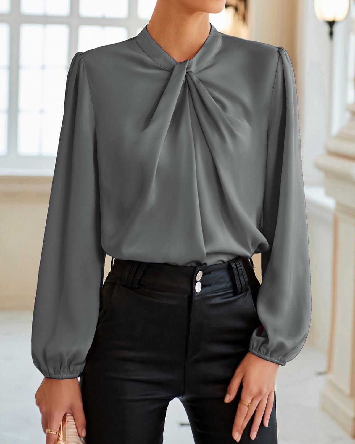 GRACE KARIN Women's Long Sleeve Satin Blouse,Mock Neck Work Silk Shirts,Dressy Tops for Business Casual Office - Image 2