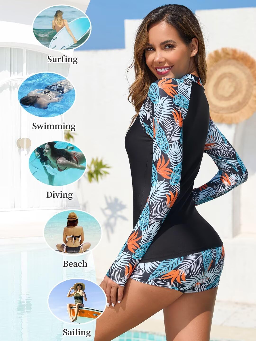Womens 2 Piece Rash Guard Swimsuit UPF 50+ Zip Swim Shirt and Shorts Long Sleeve Bathing Suits with Build in Bra