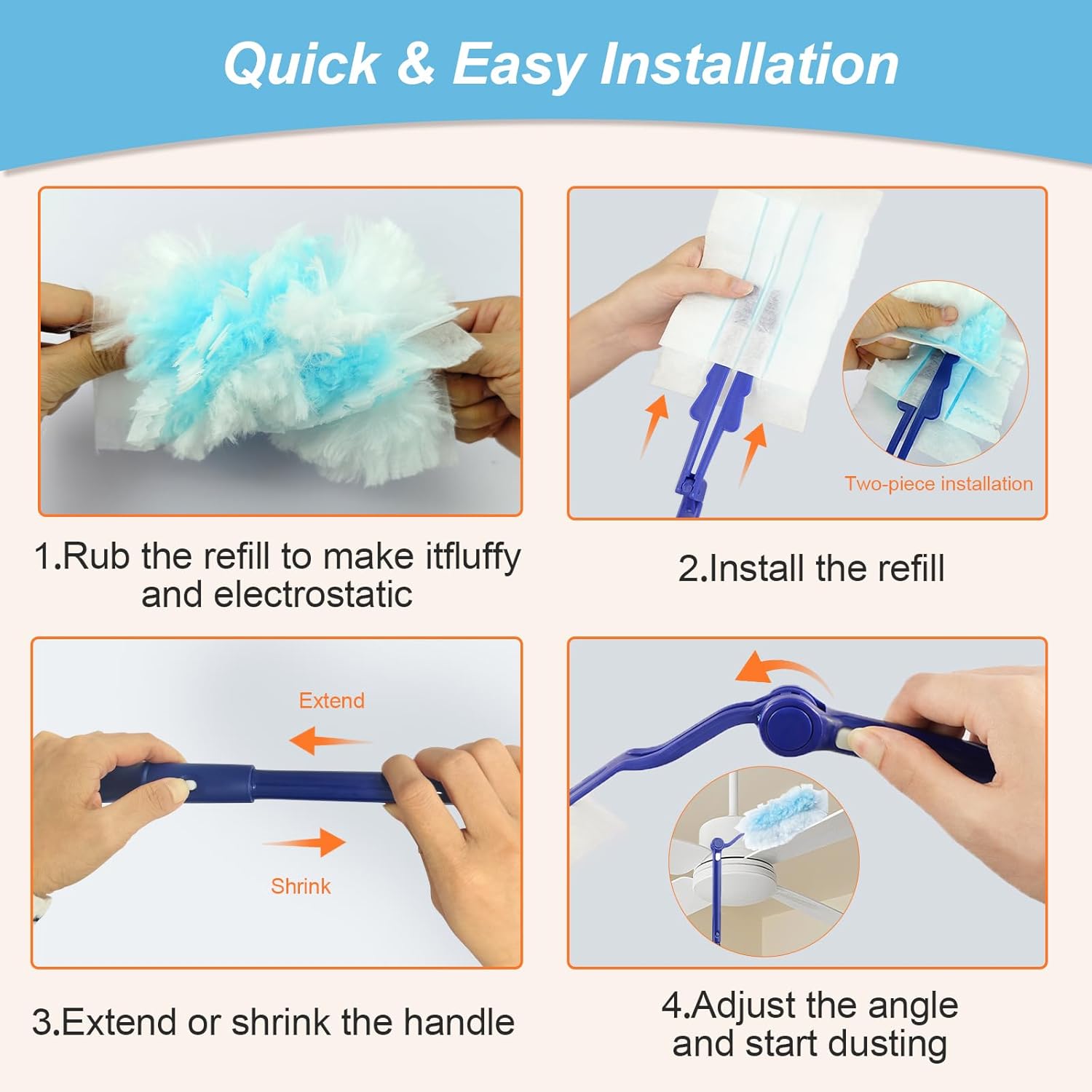 50 Count Duster Refills Kit for Swiffe Duster, One-Sided Electrostatic Duster with 2 Handles, Heavy Duty Dusters Refills Replacement for Cleaning Home, Blinds, Fans, Corners