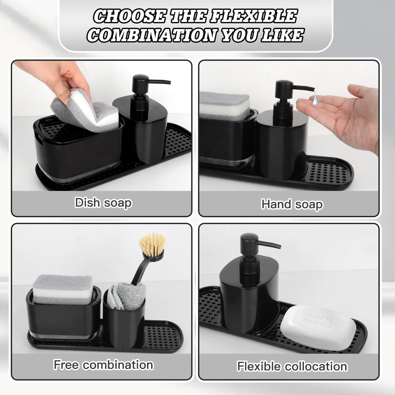 Dosificador Jabon Cocina, Juego de Organizador de Cocina Negro con Trapo, Cepillos y Esponja, Organizador de Fregadero Detergente Recargable, Caja de Almacenamiento de Fregadero de Jabón Líquido