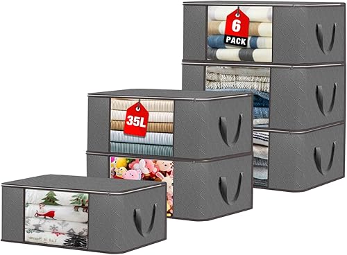 Joymeezo Paquete de 6 bolsas de almacenamiento de 35 L, contenedores de almacenamiento plegables para armario, bolsas de almacenamiento con